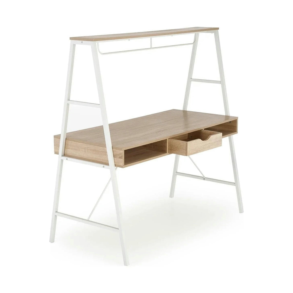 Birou B48, stejar sonoma/alb, furnir melaminat/metal, 139x60x140 cm