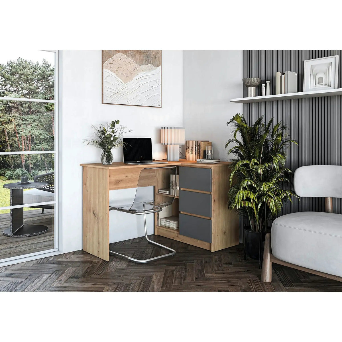 Birou BEGA, stejar artisan/gri grafit, PAL laminat, 124x85x76 cm