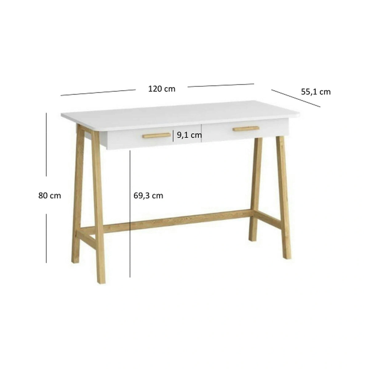 Birou BELLE, stejar/alb, PAL laminat, 120x55x80 cm