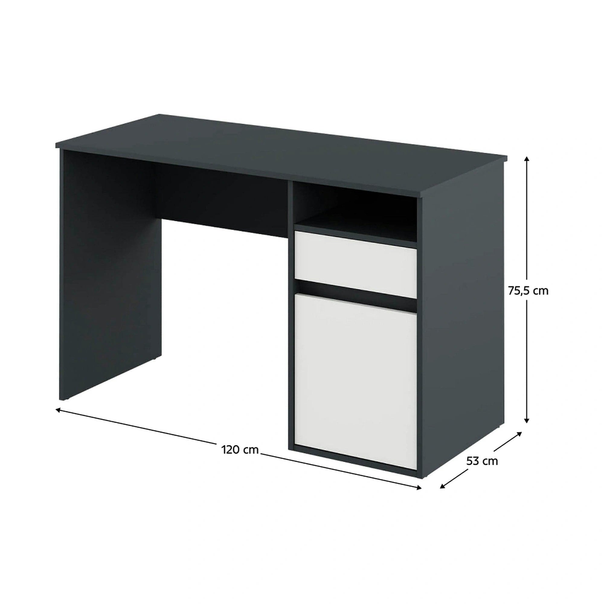 Birou BILI NEW, gri grafit/alb, DTD laminat, 120x53x76 cm