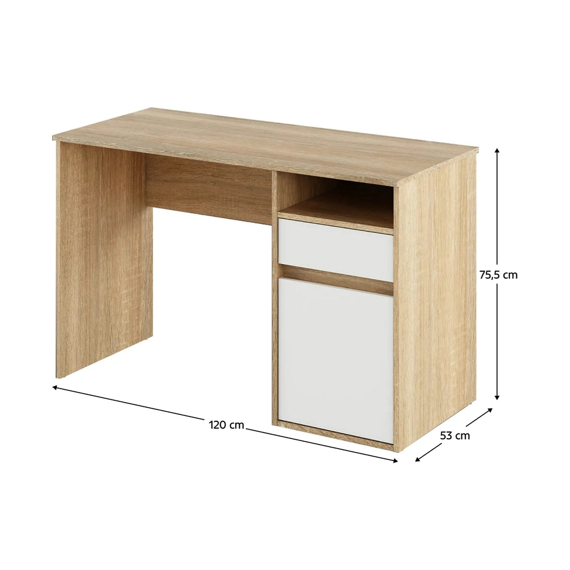 Birou BILI NEW, stejar sonoma/alb, DTD laminat, 120x53x75.5 cm