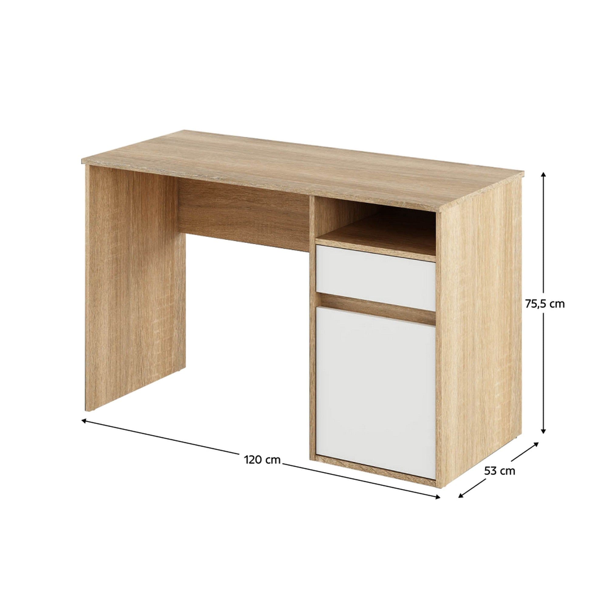 Birou BILI NEW, stejar sonoma/alb, DTD laminat, 120x53x75.5 cm
