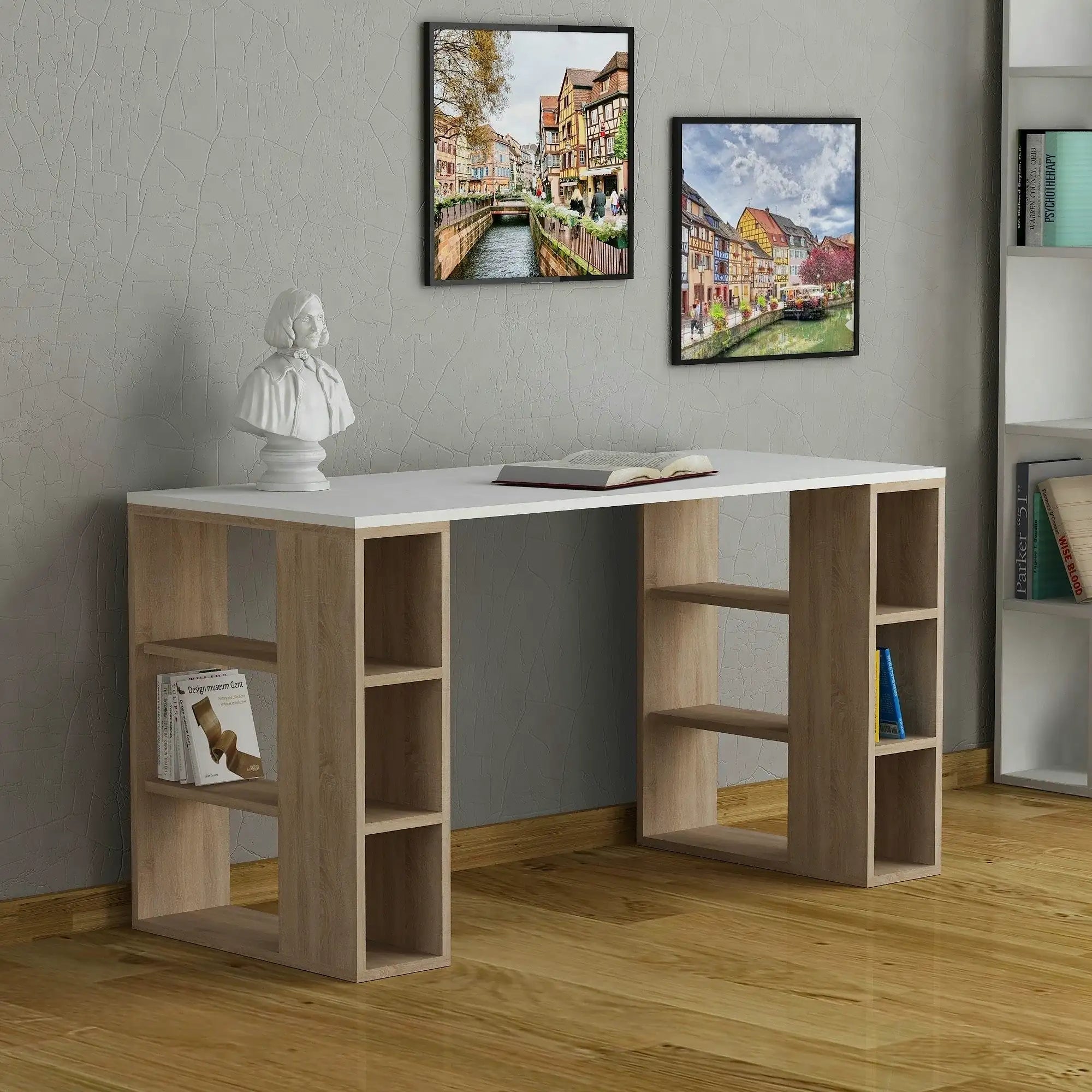 Birou COLMAR, alb/stejar, PAL melaminat, 140x60x75 cm