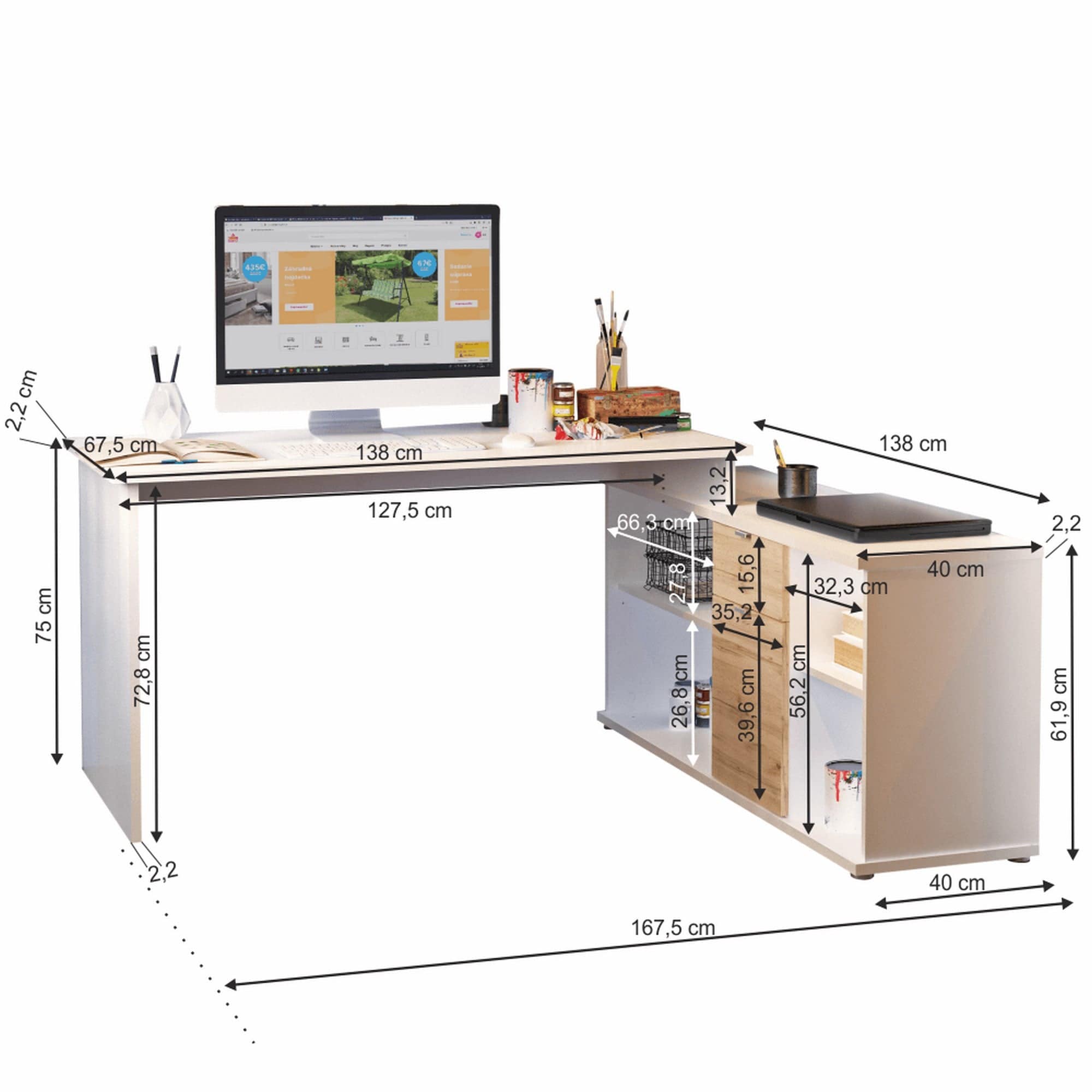 Birou DALTON 2 NEW , alb/stejar wotan, PAL melaminat, 168x138x75 cm