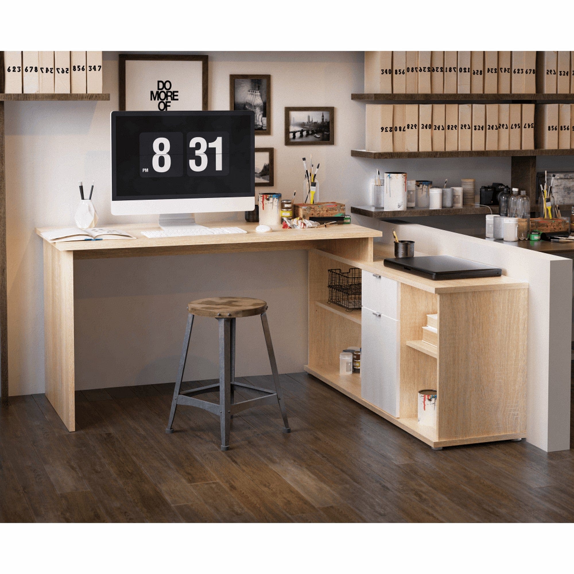 Birou DALTON 2 NEW VE 02, stejar sonoma/alb, PAL melaminat, 168x138x75 cm