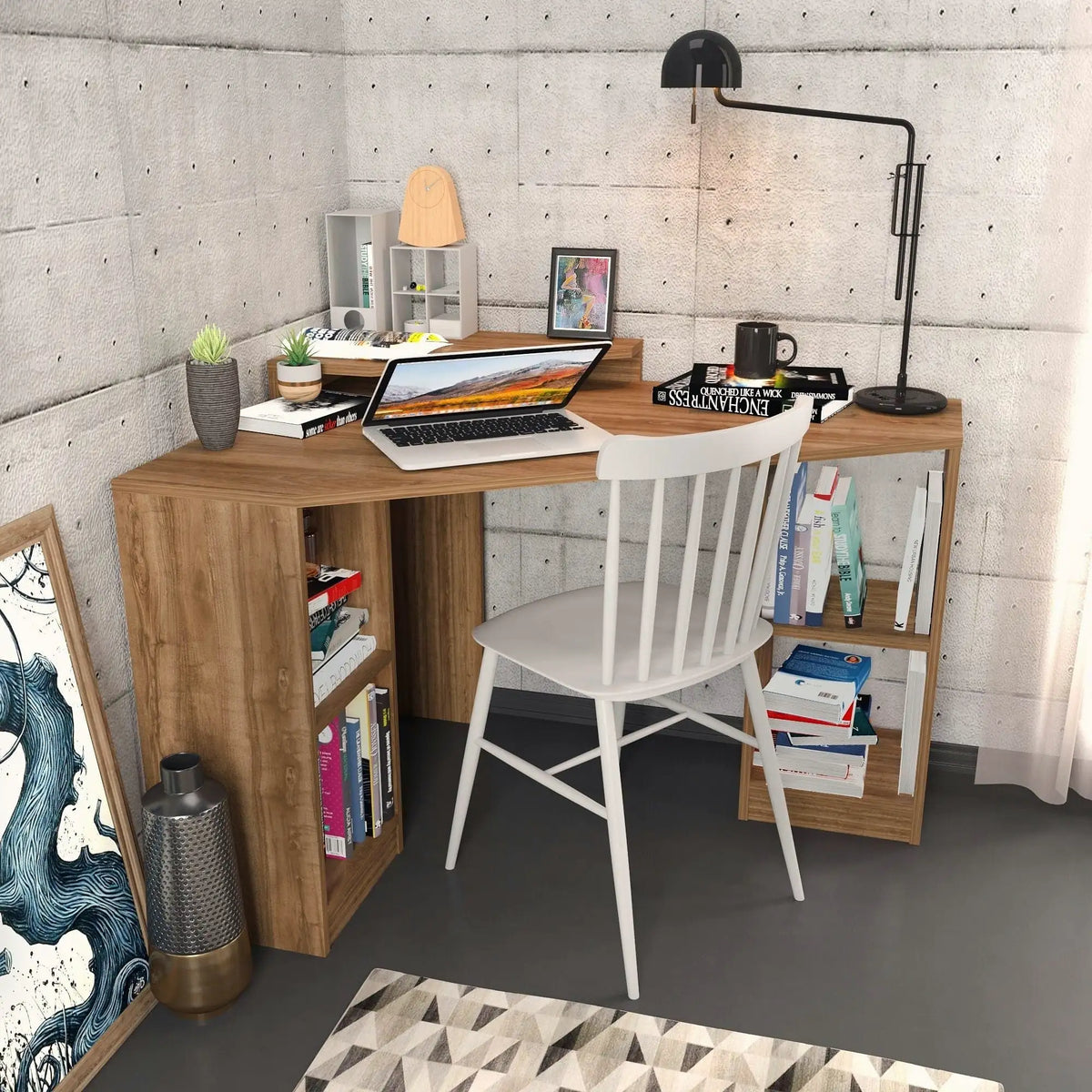 Birou de colt FLOATING, nuc inchis, PAL melaminat, 120x90x77 cm