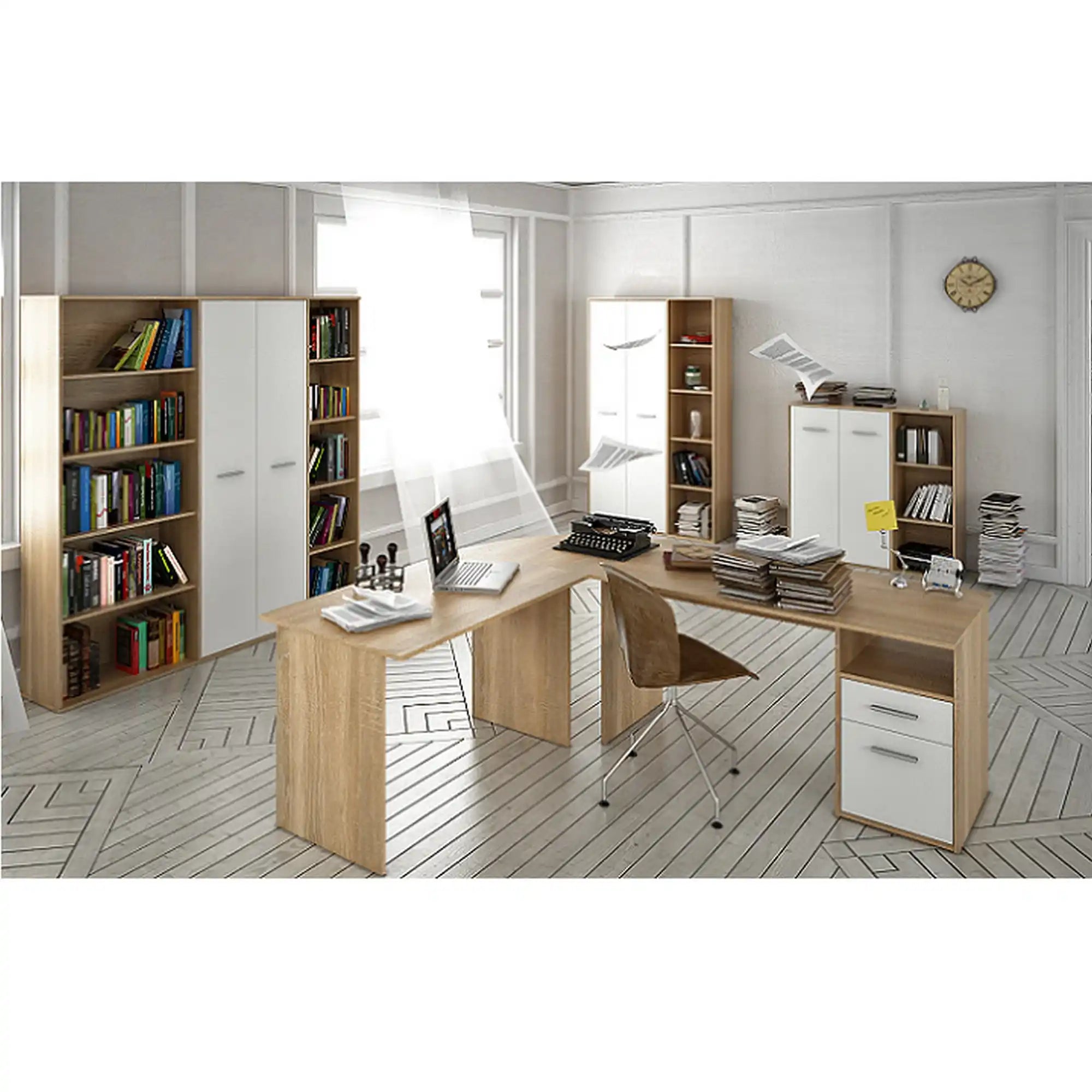 Birou de colt MAURUS NEW MA11, stejar sonoma/alb, PAL melaminat, 176/203x67x70 cm