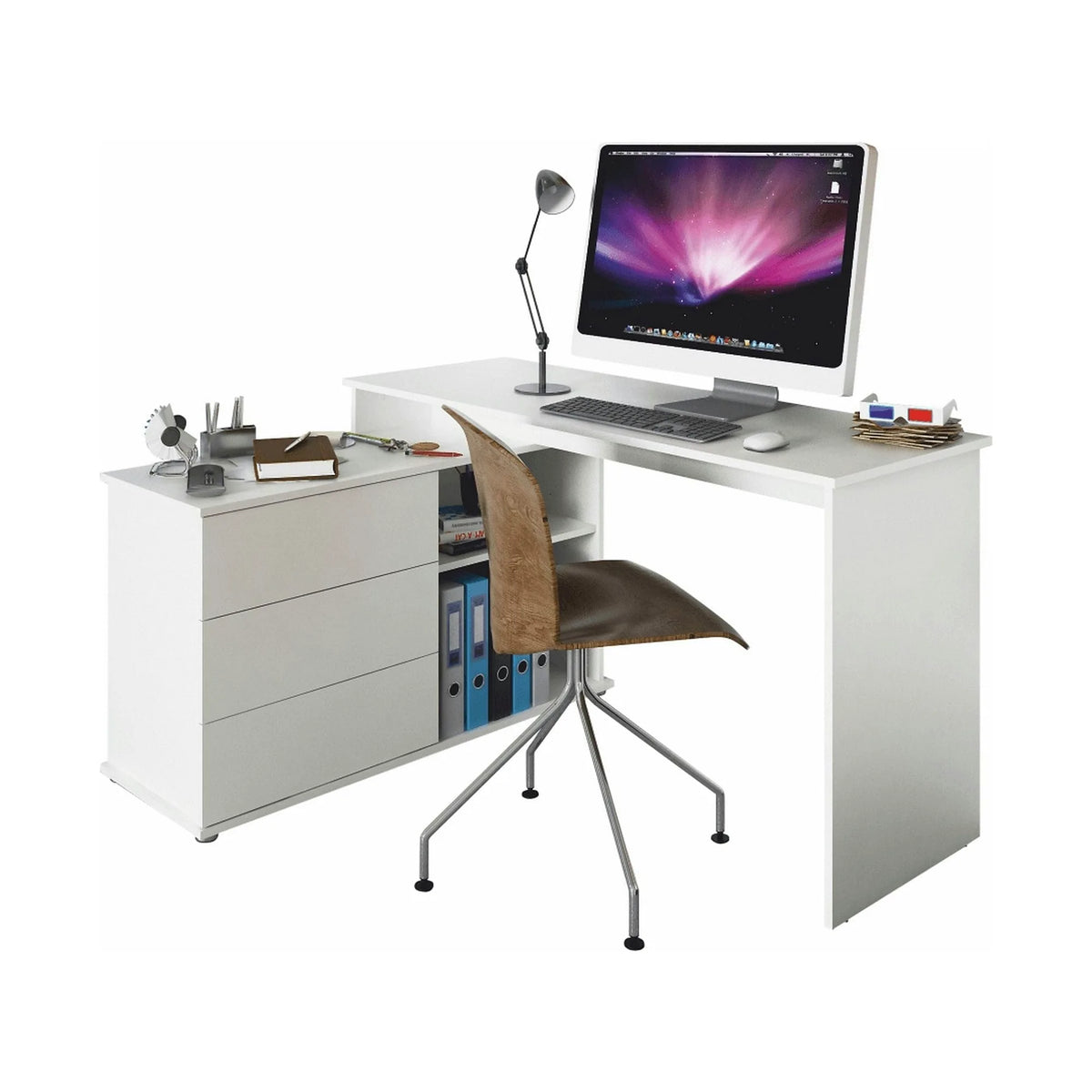 Birou de colt TERINO, alb, PAL laminat, 138x50/110x75 cm