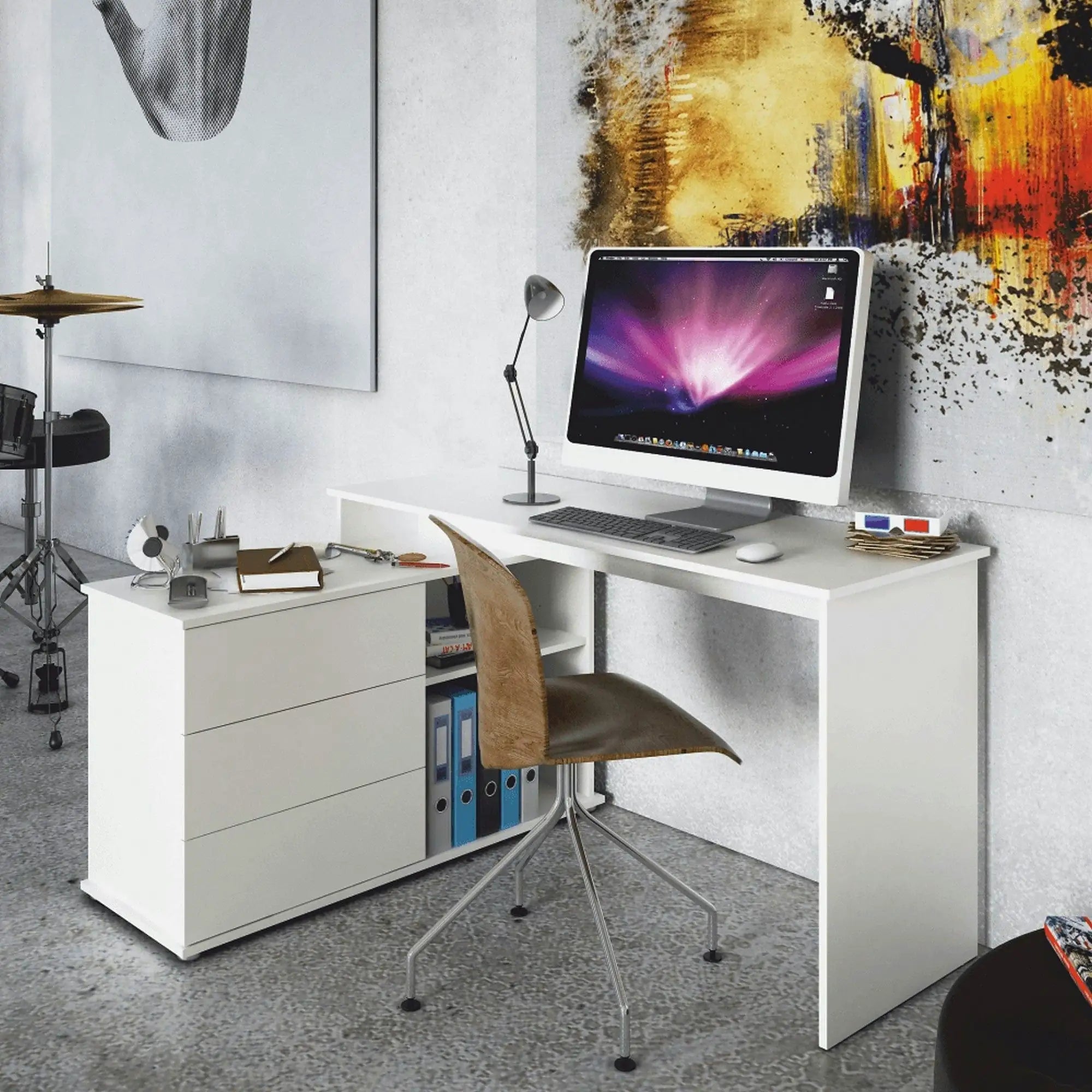 Birou de colt TERINO, alb, PAL laminat, 138x50/110x75 cm