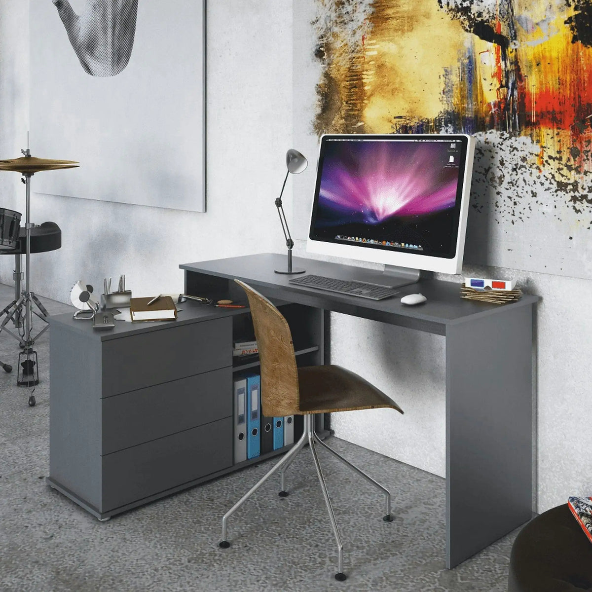 Birou de colt TERINO, gri grafit, PAL laminat, 138x50/110x75 cm
