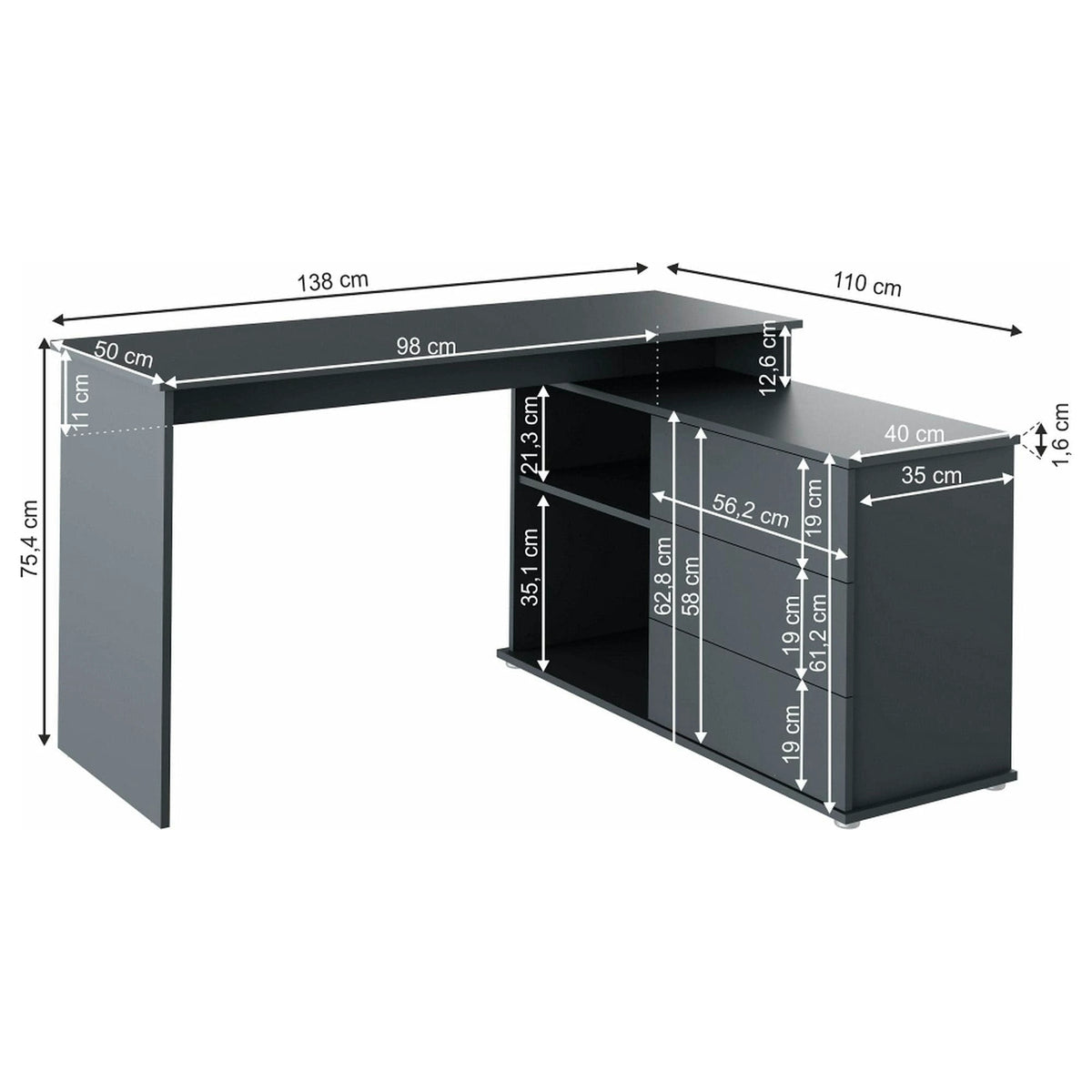 Birou de colt TERINO, gri grafit, PAL laminat, 138x50/110x75 cm