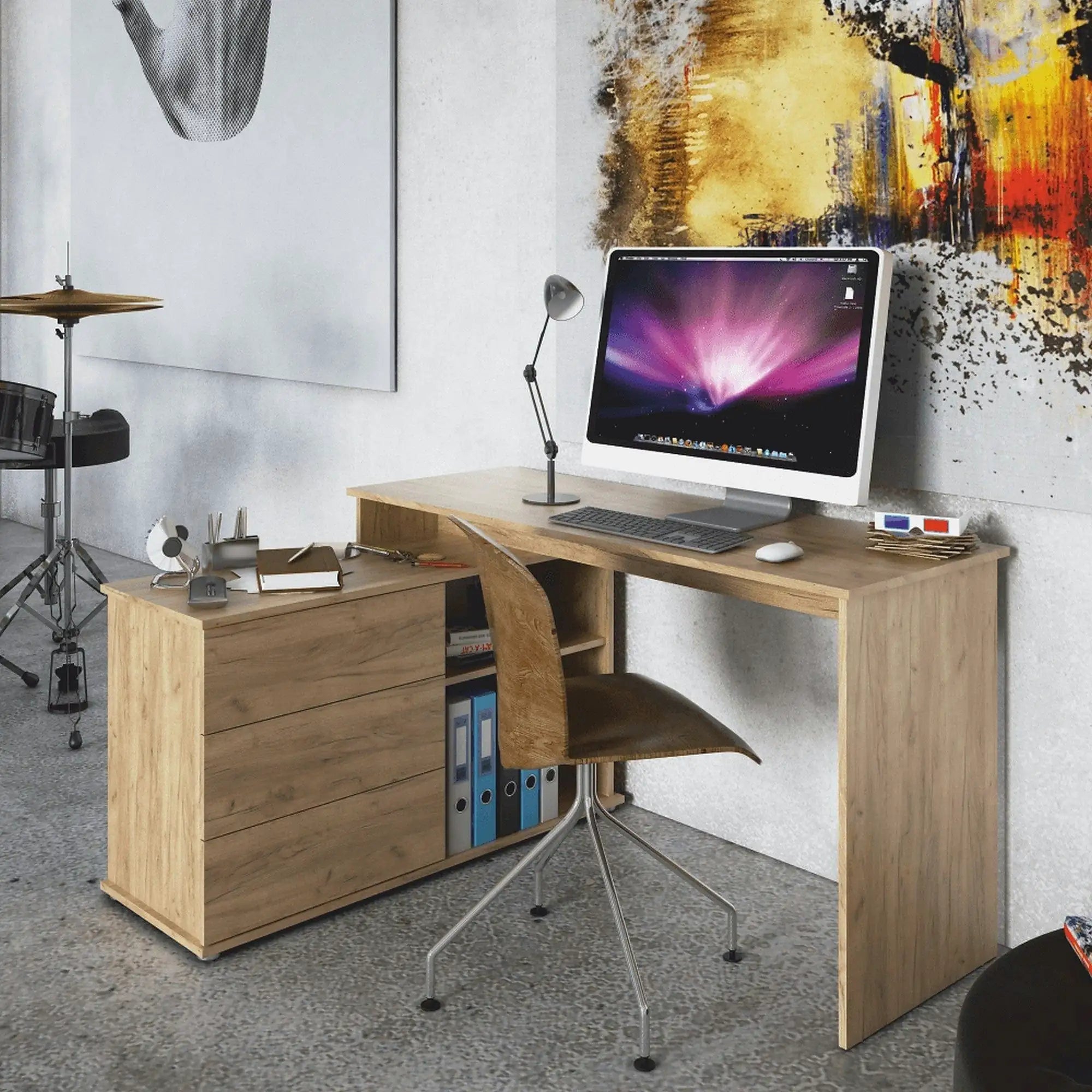 Birou de colt TERINO, stejar artisan, PAL laminat, 138x50/110x75 cm