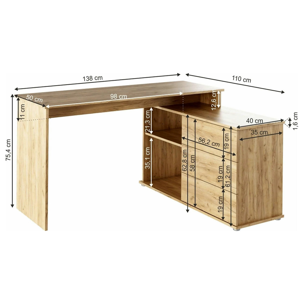 Birou de colt TERINO, stejar artisan, PAL laminat, 138x50/110x75 cm