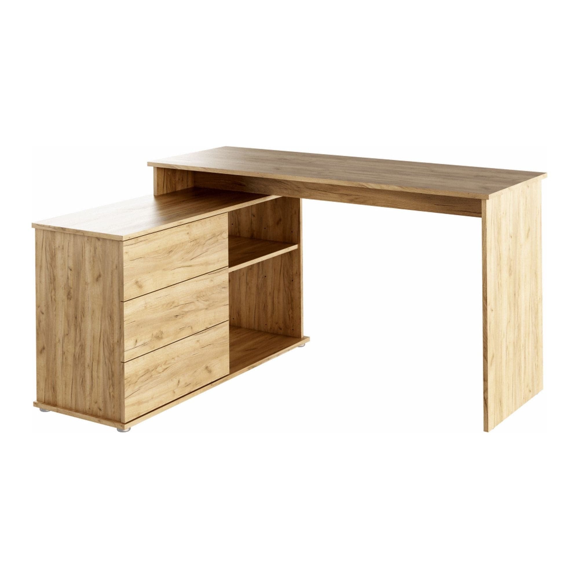 Birou de colt TERINO, stejar artisan, PAL laminat, 138x50/110x75 cm