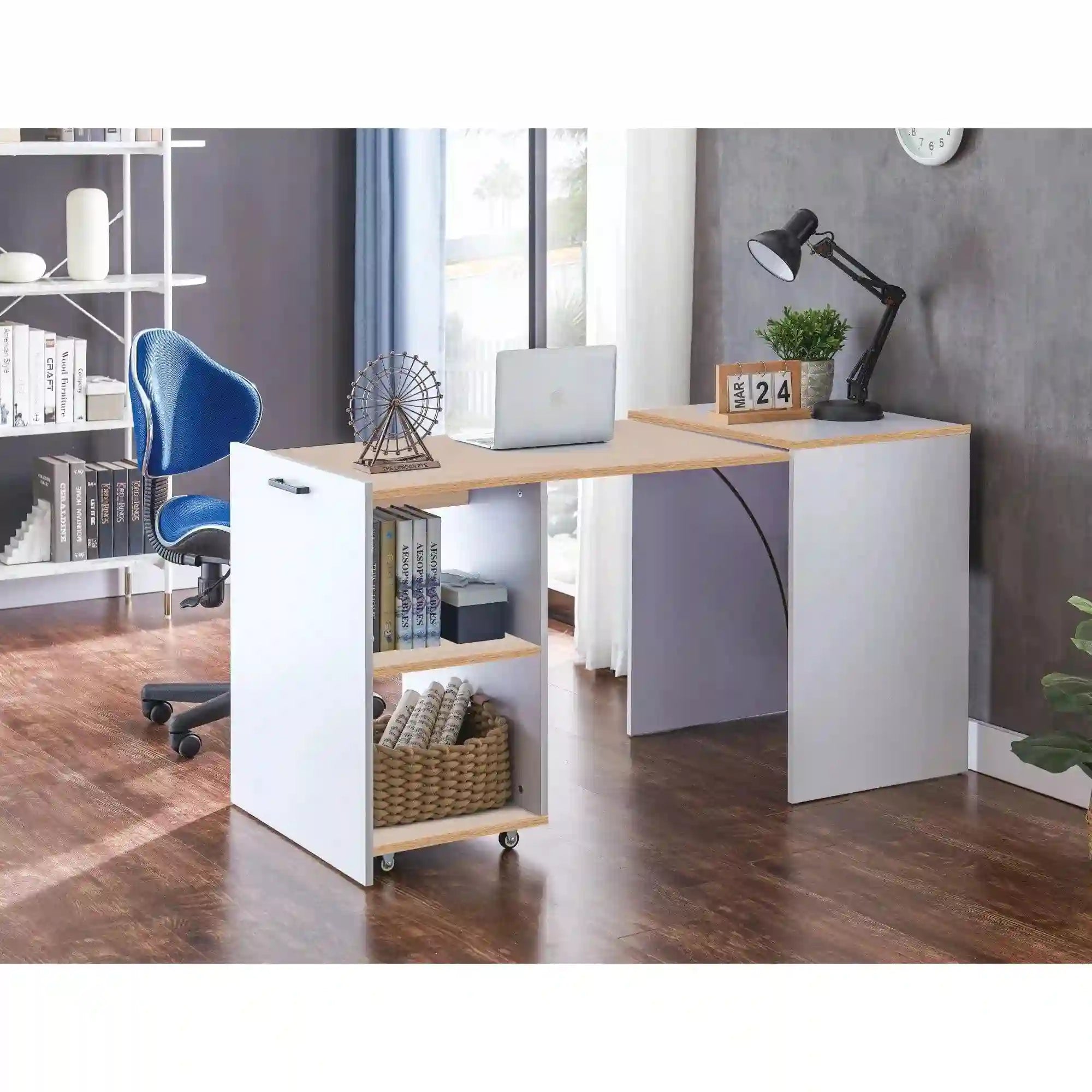 Birou DUO, alb/stejar, PAL laminat, 46-140x60x72 cm