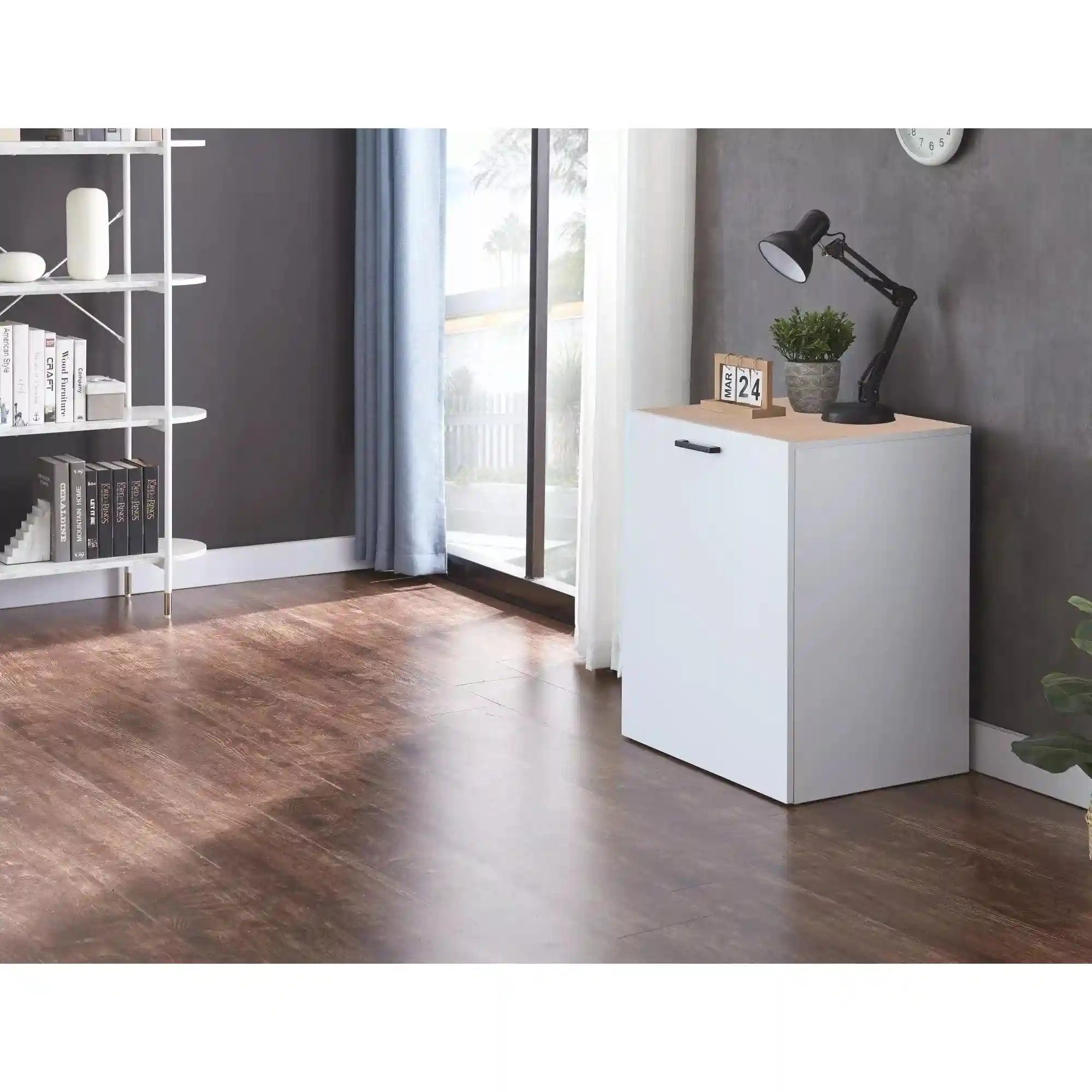 Birou DUO, alb/stejar, PAL laminat, 46-140x60x72 cm