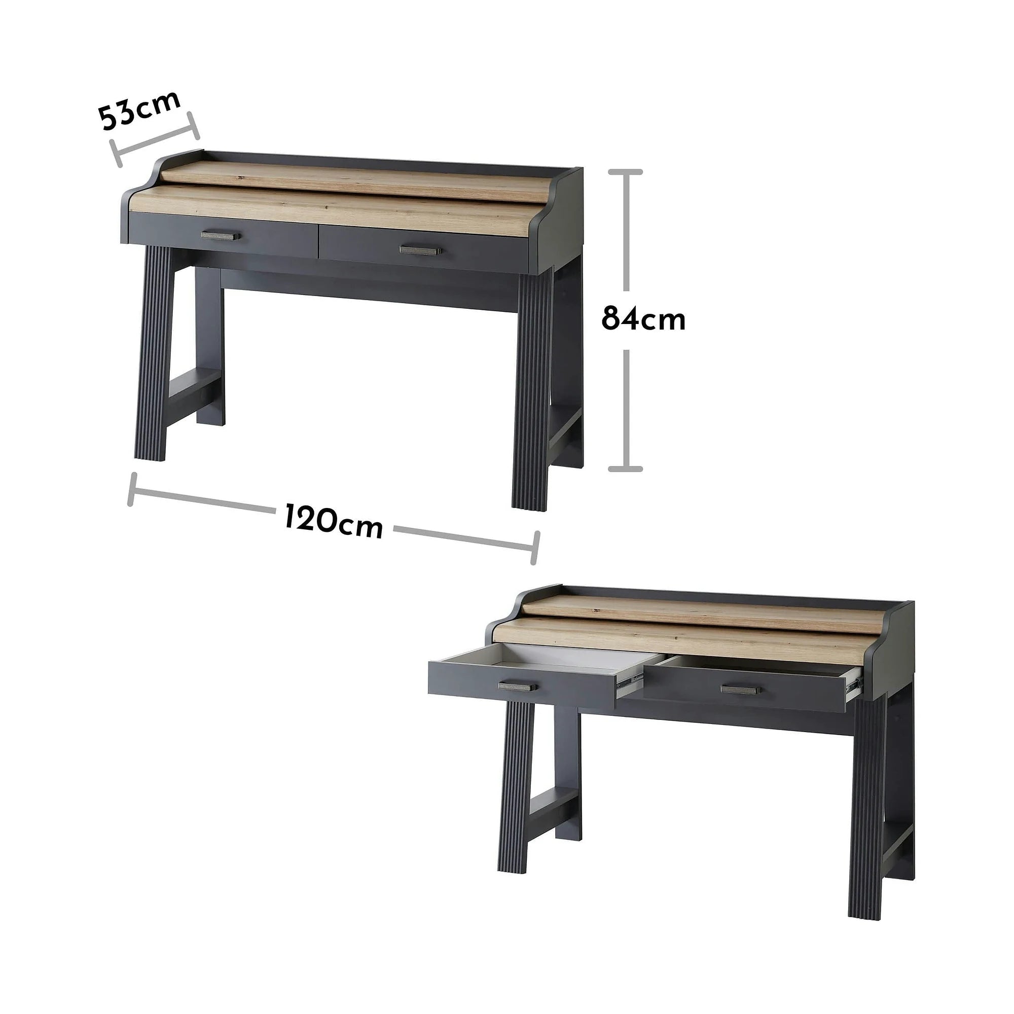 Birou JASMIN, gri grafit/stejar artisan, PAL, 120x53x84 cm