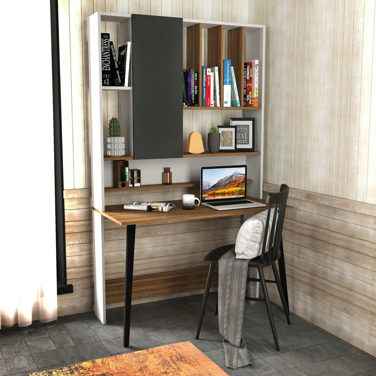 Birou LEMN, nuc/negru, PAL melaminat, 120x60x197 cm