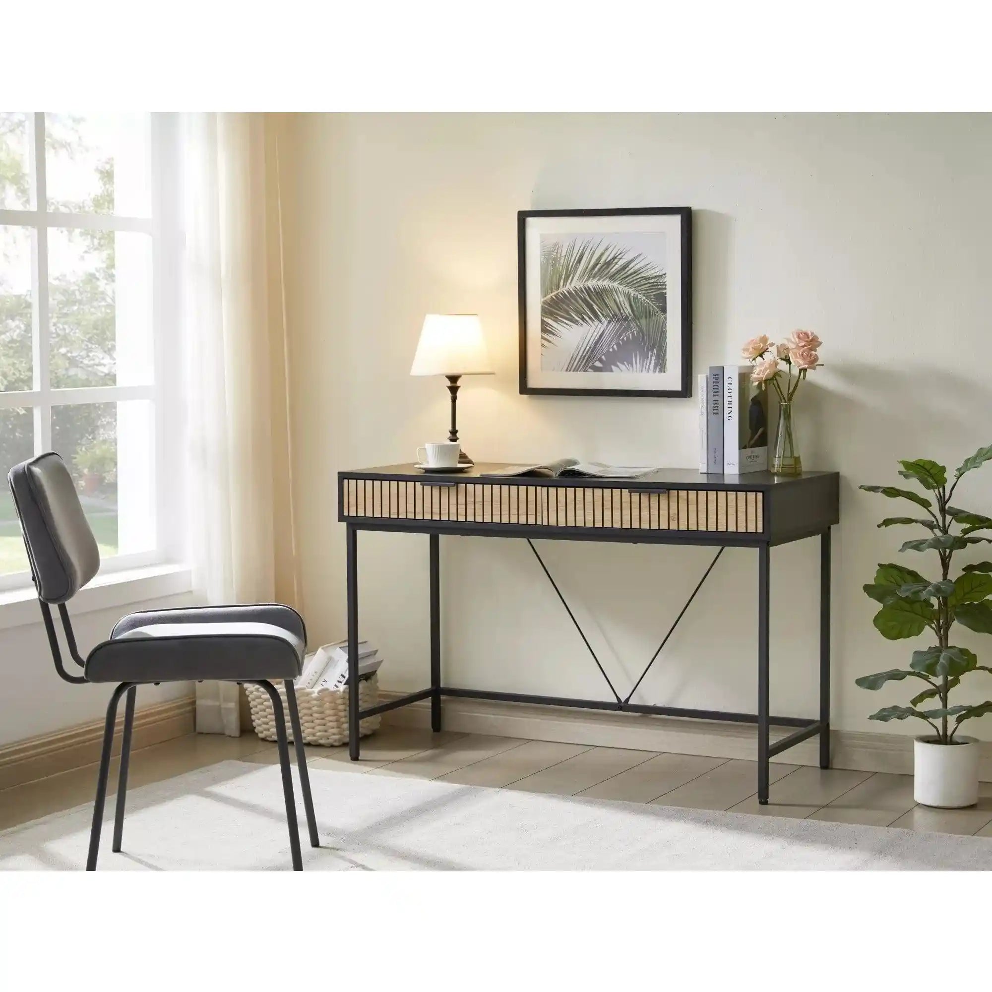 Birou MAGO B1, negru mat/stejar, PAL/metal, 120x48x76 cm