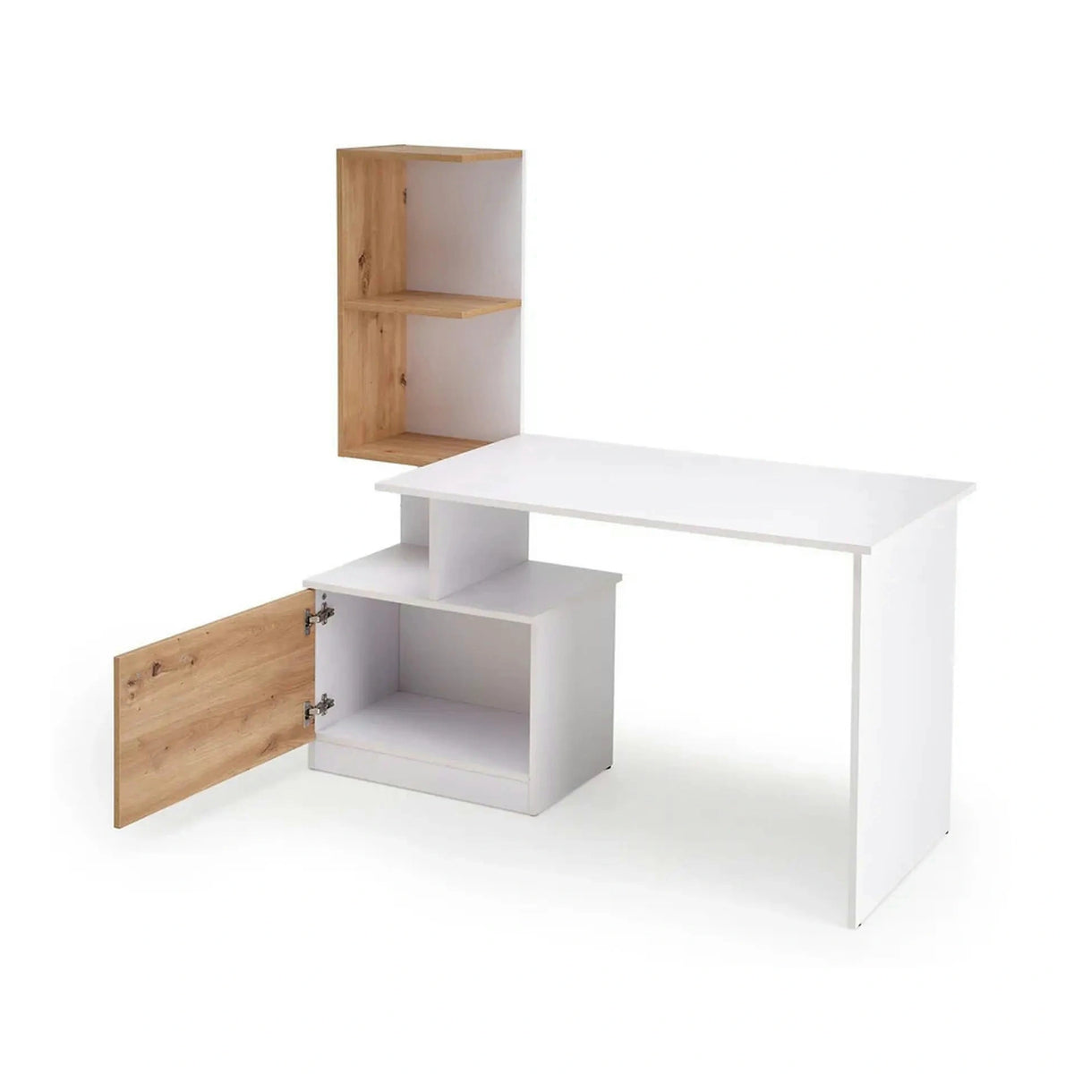 Birou MISO, alb/stejar artisan, PAL laminat, 144x60x142 cm
