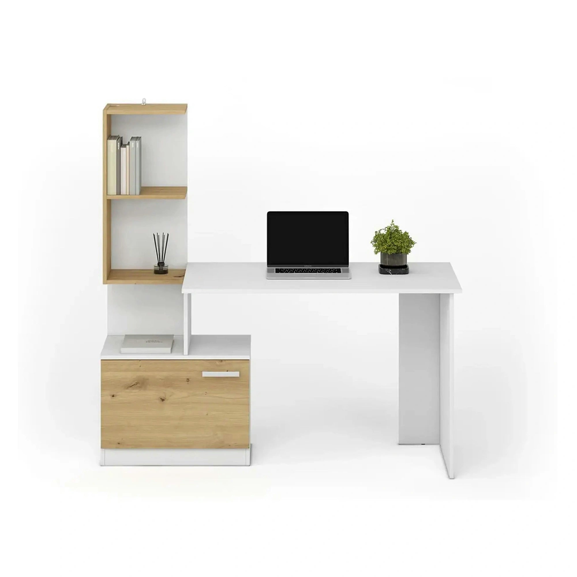 Birou MISO, alb/stejar artisan, PAL laminat, 144x60x142 cm
