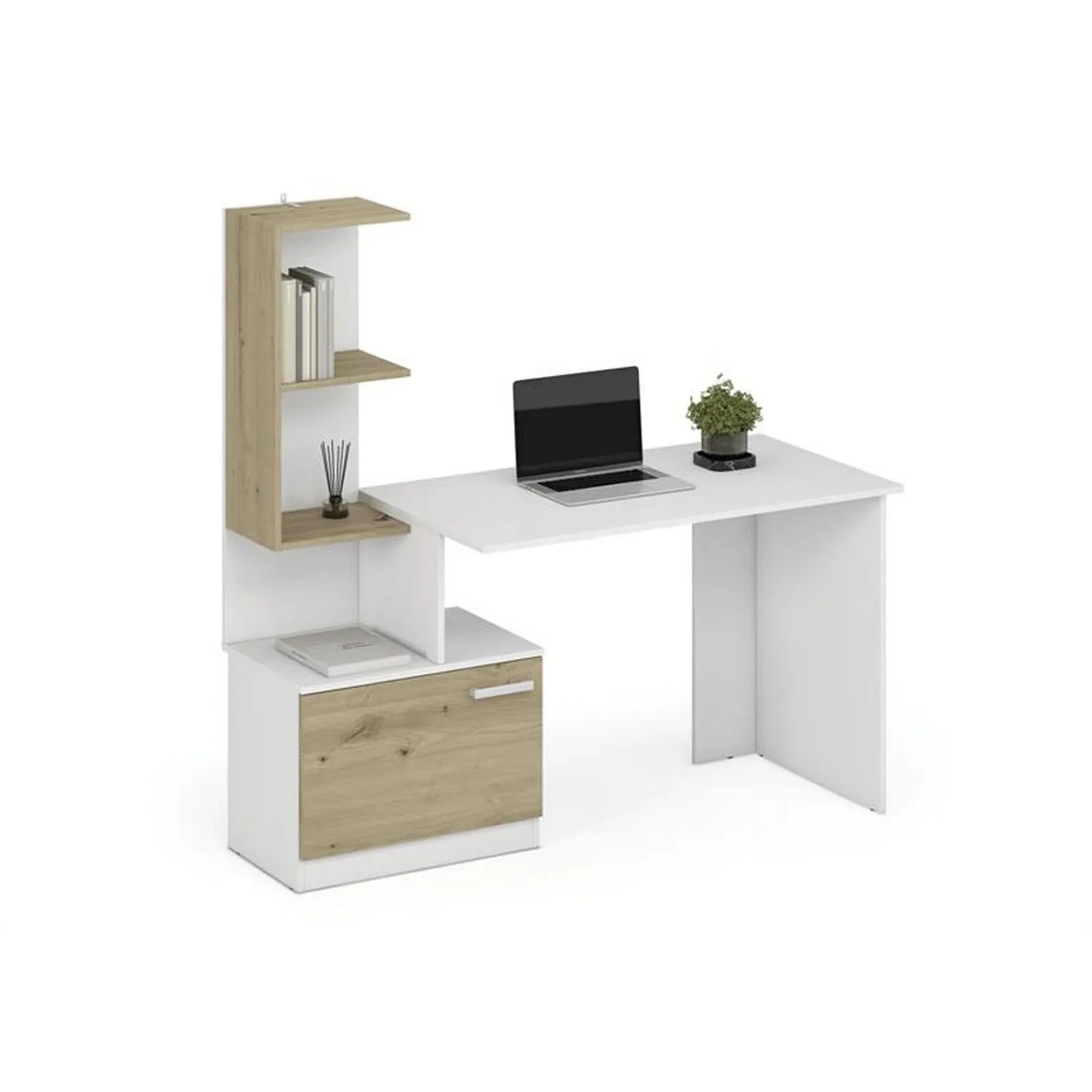 Birou MISO, alb/stejar artisan, PAL laminat, 144x60x142 cm