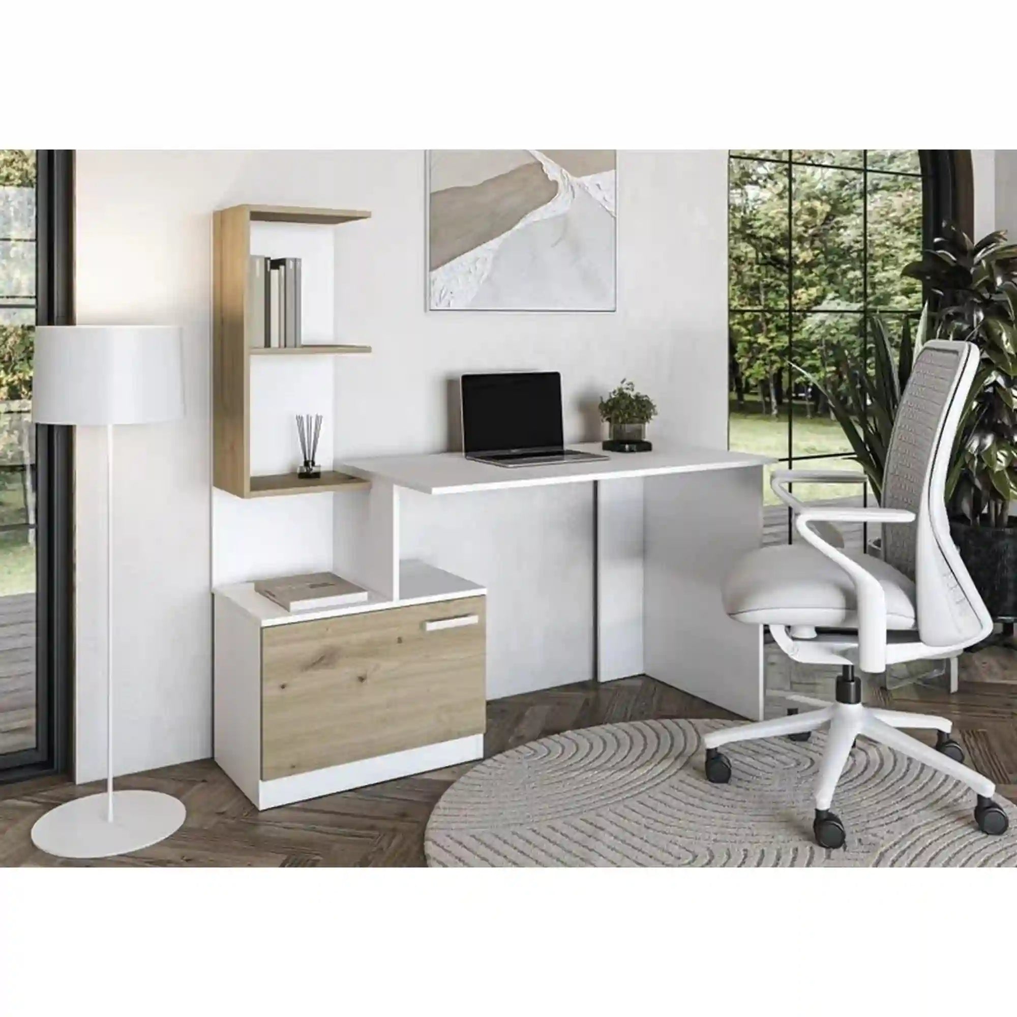 Birou MISO, alb/stejar artisan, PAL laminat, 144x60x142 cm