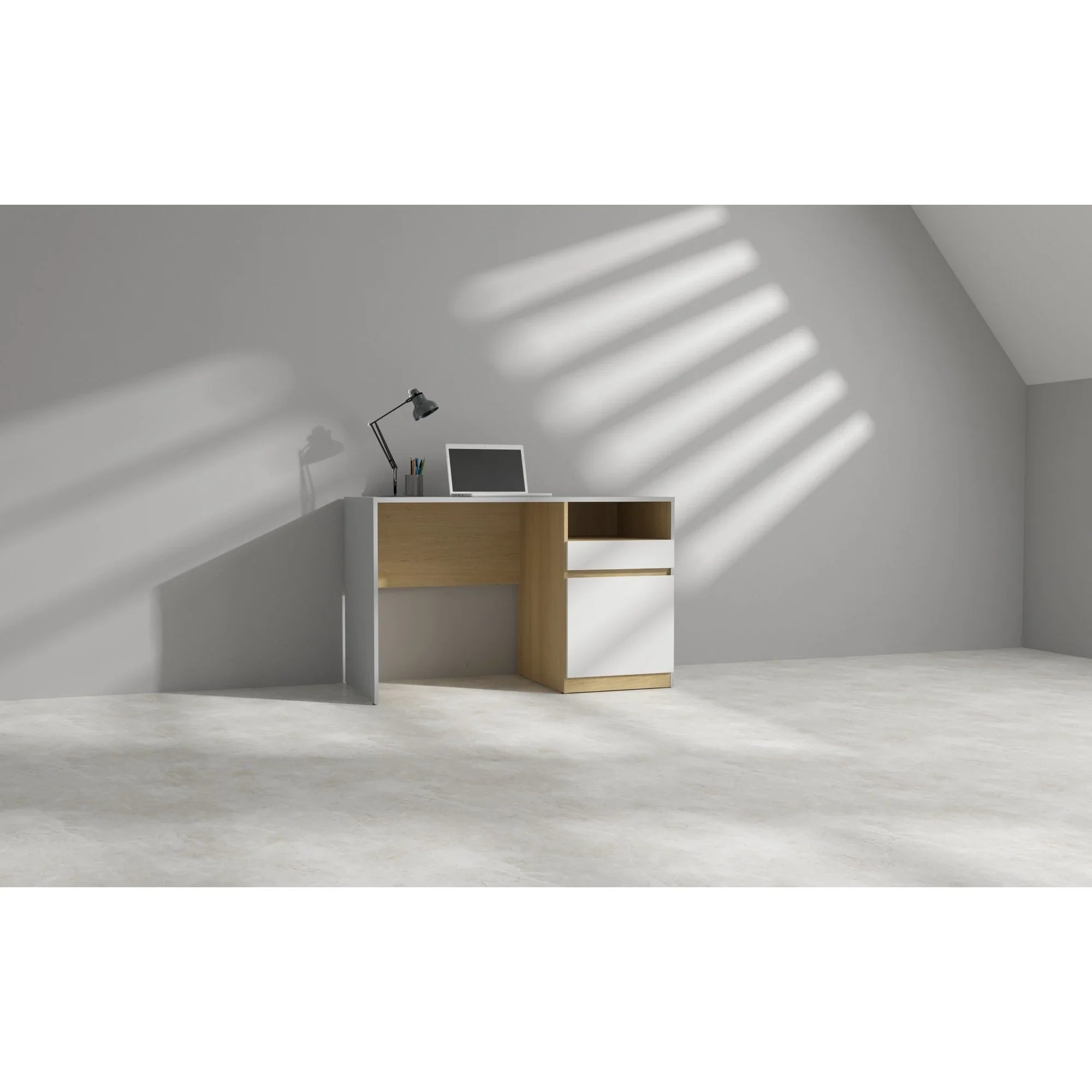 Birou NANDU, gri deschis/stejar, PAL laminat, 120x57x76 cm