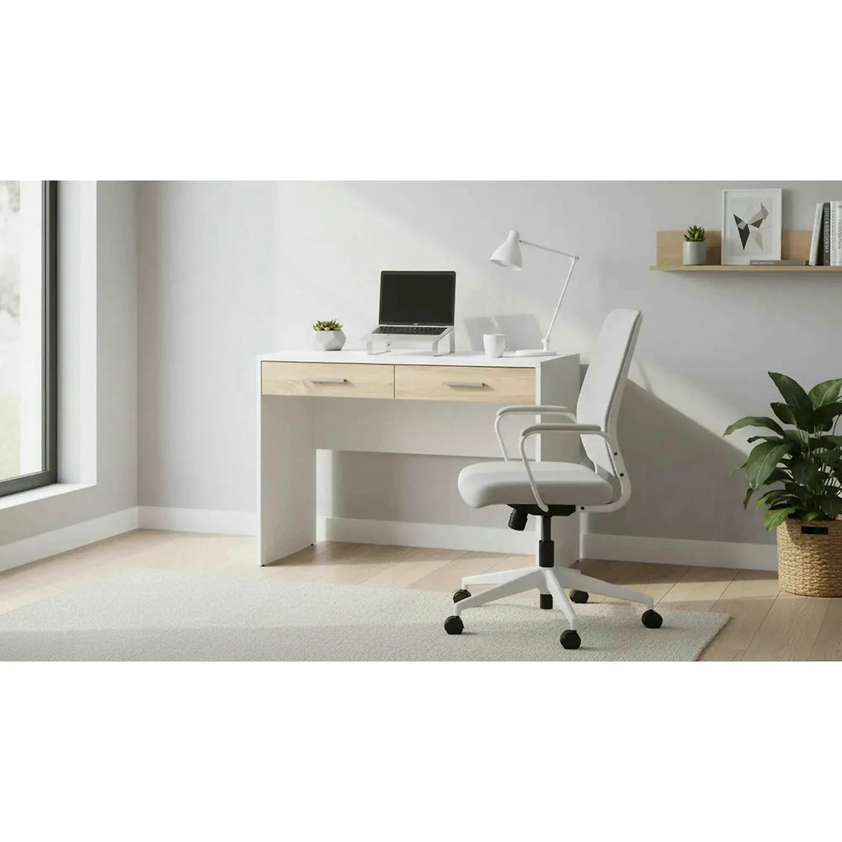 Birou Nepo Plus, alb/stejar, PAL laminat, 100x59x76 cm