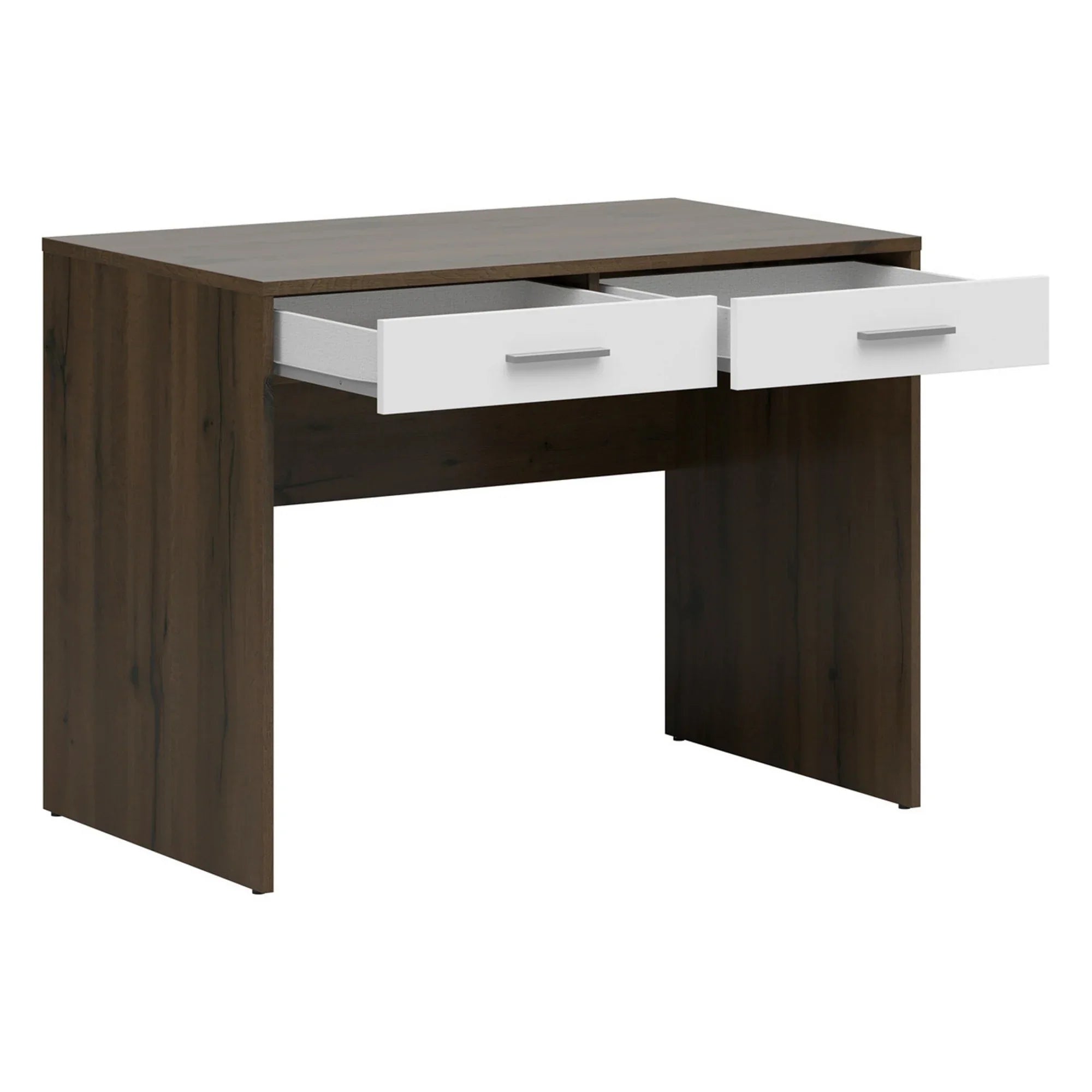 Birou NEPO PLUS, stejar inchis/alb, PAL laminat, cu 2 sertare, 100x59x76 cm