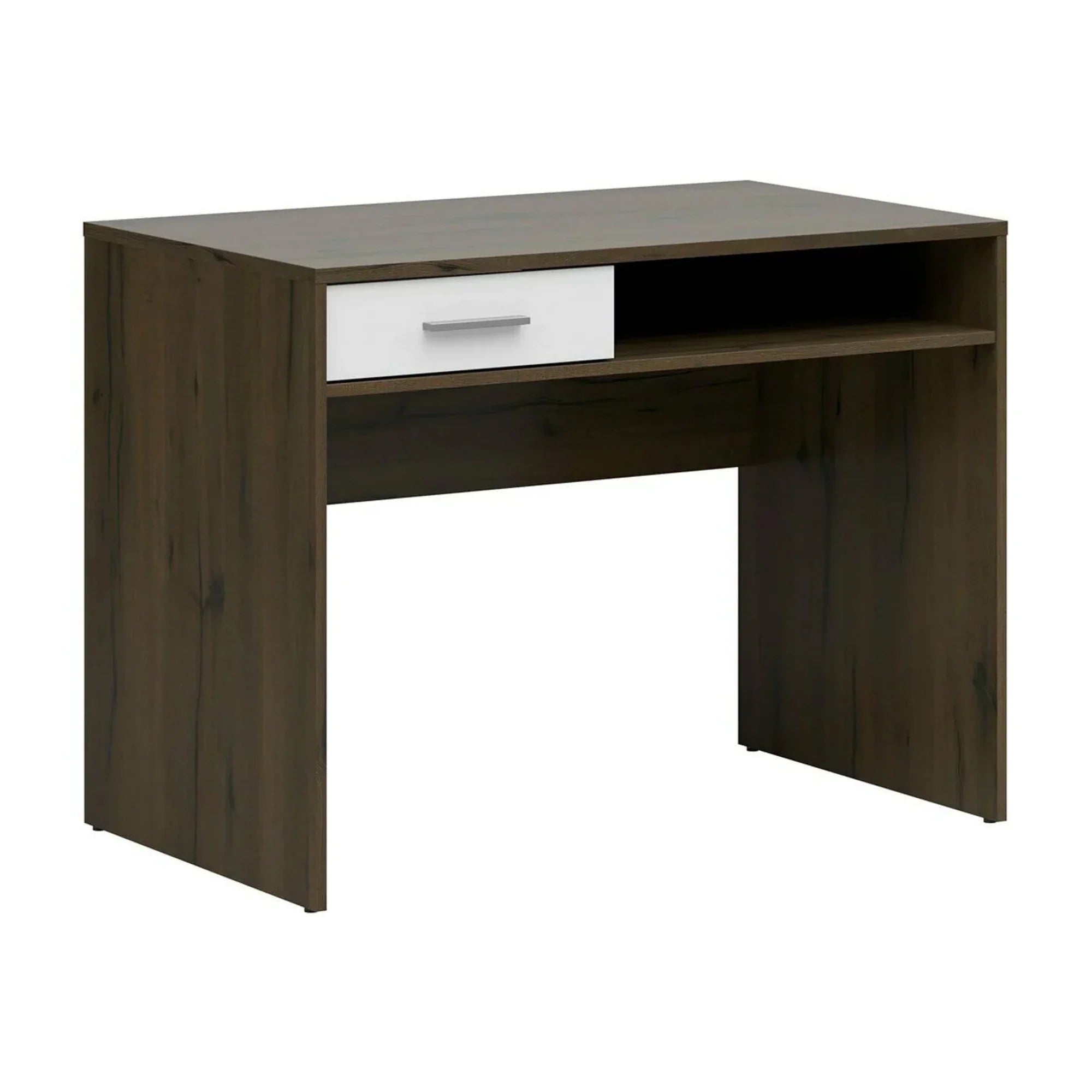 Birou NEPO PLUS, stejar inchis/alb, PAL laminat, cu un sertar, 100x59x76 cm