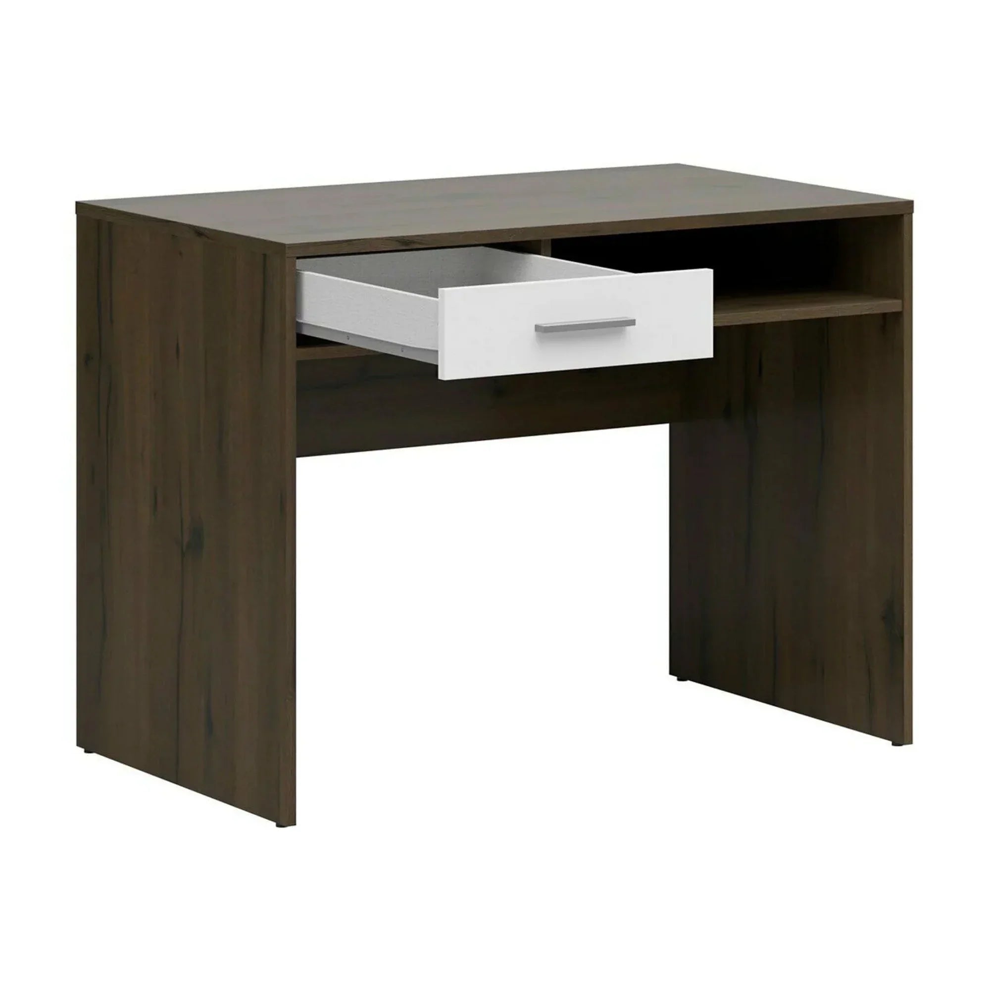 Birou NEPO PLUS, stejar inchis/alb, PAL laminat, cu un sertar, 100x59x76 cm