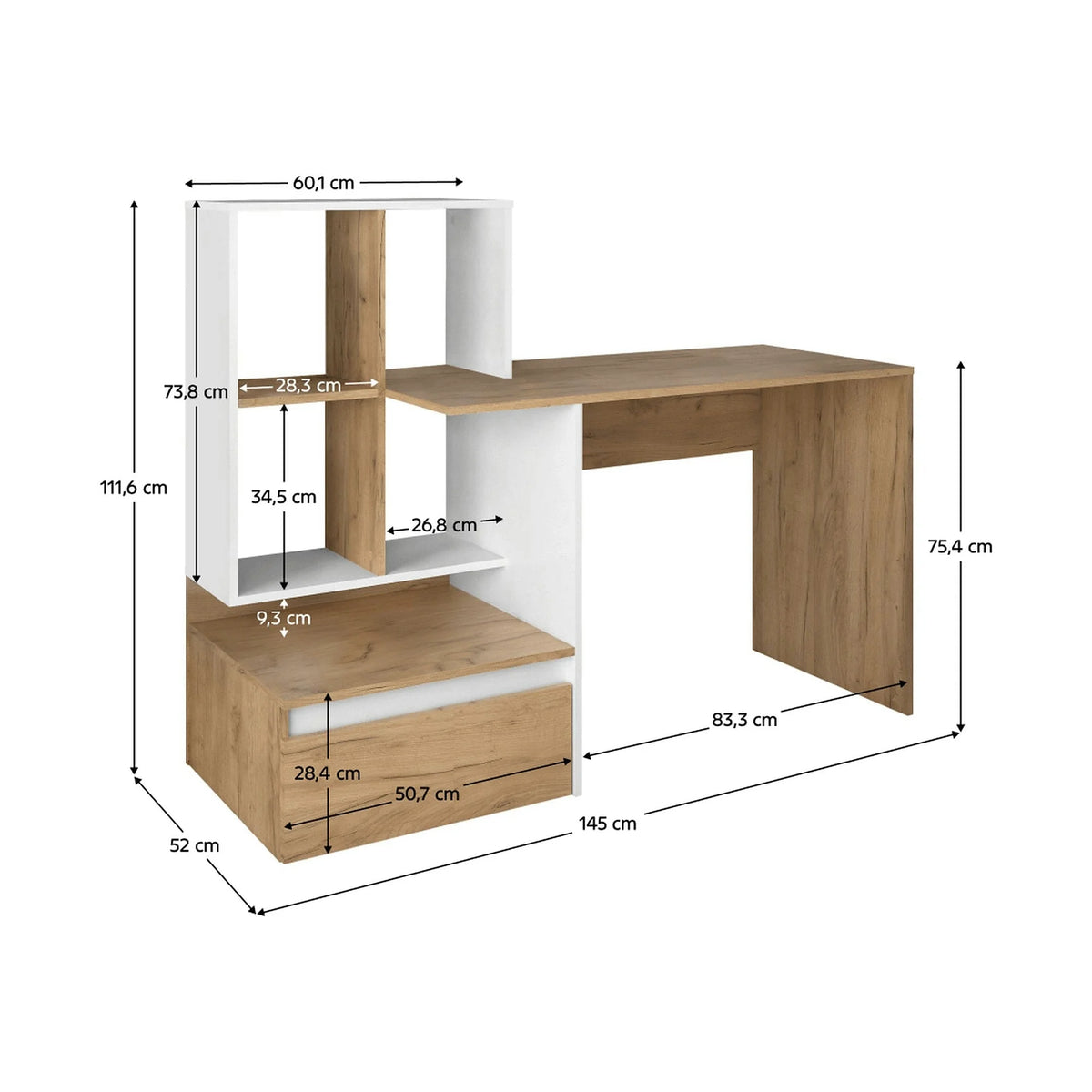 Birou NEREO NEW, stejar artisan/alb, DTD laminat, 145x52x112 cm