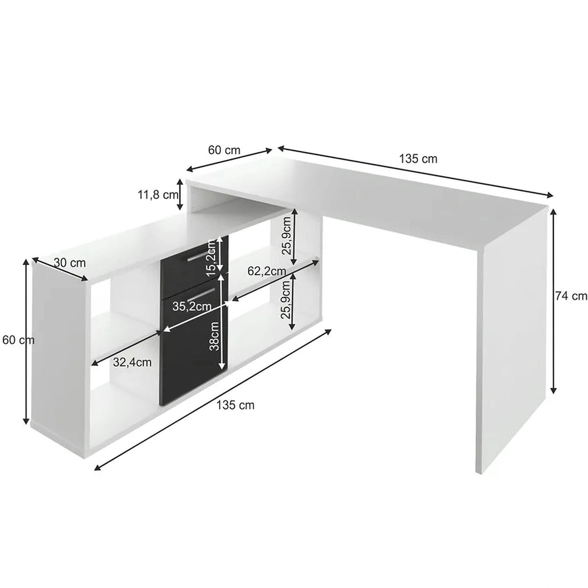 Birou NOE NEW, alb/negru, PAL melaminat, 135x60/30x74/60 cm