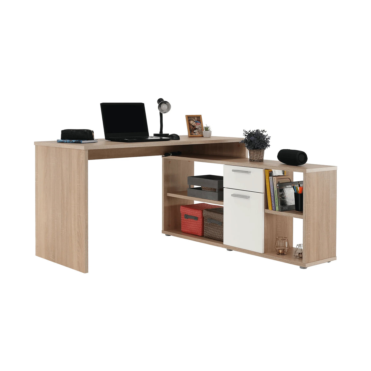 Birou NOE NEW, stejar sonoma/alb, PAL melaminat, 135x60/30x74/60 cm