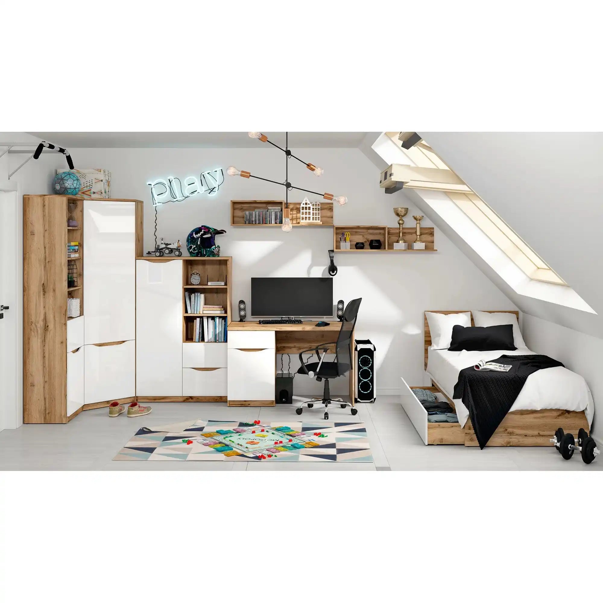 Birou NUIS, stejar wotan/alb, PAL laminat, 120x60x76 cm