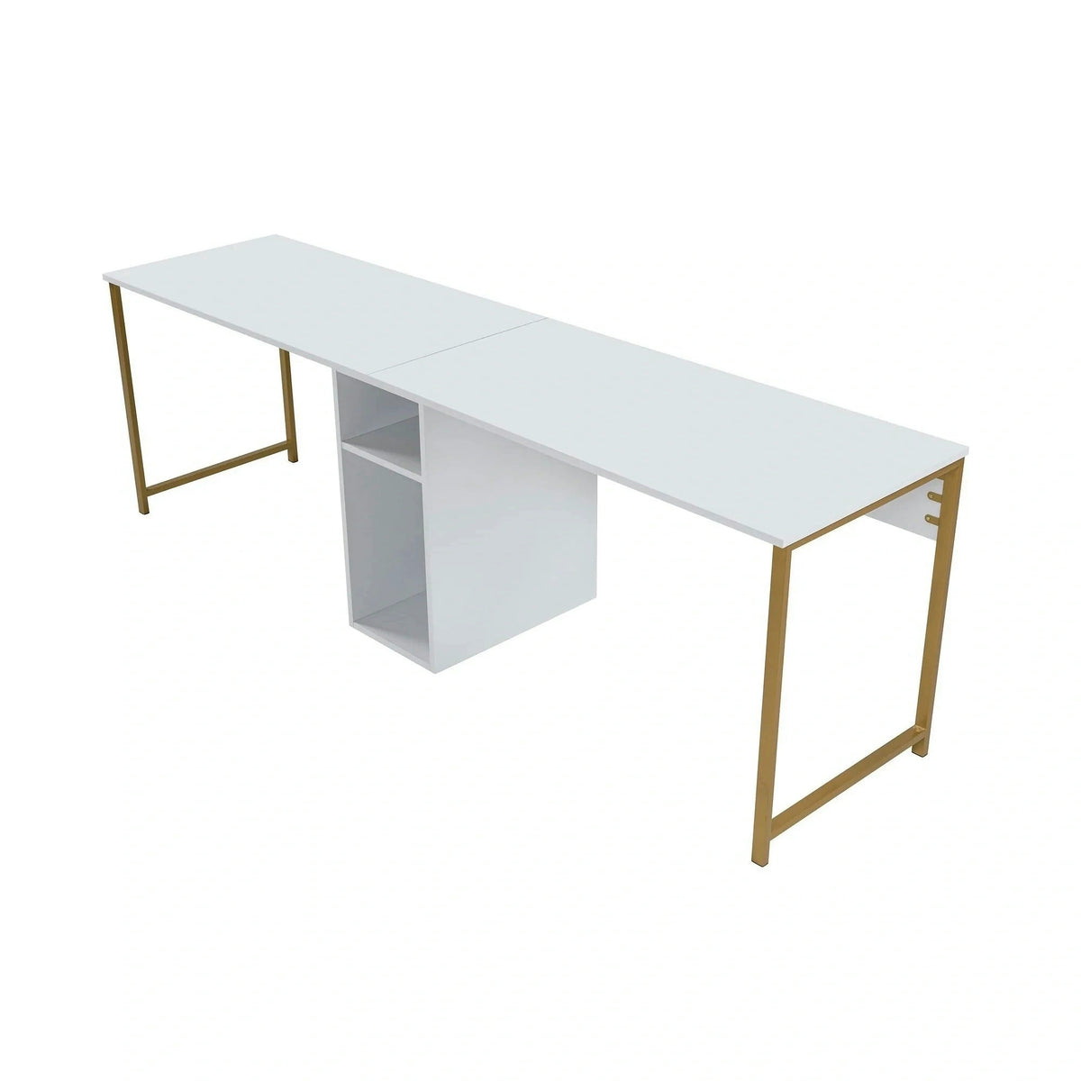 Birou TWIN, alb/auriu, PAL melaminat/metal, 240x60x74 cm