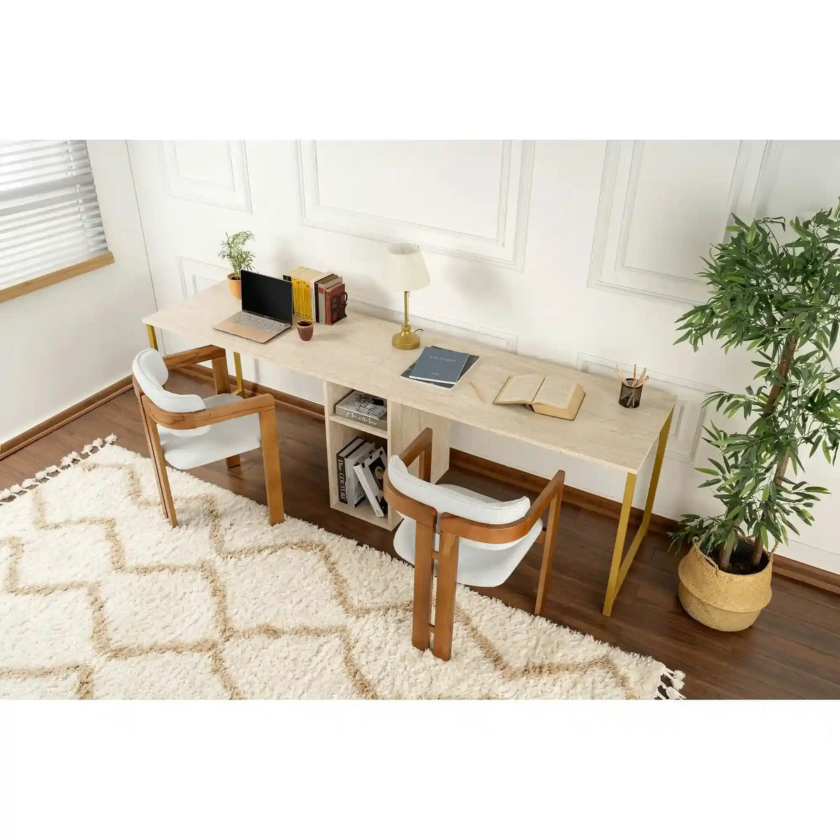 Birou TWIN, travertin/auriu, PAL melaminat/metal, 240x60x74 cm