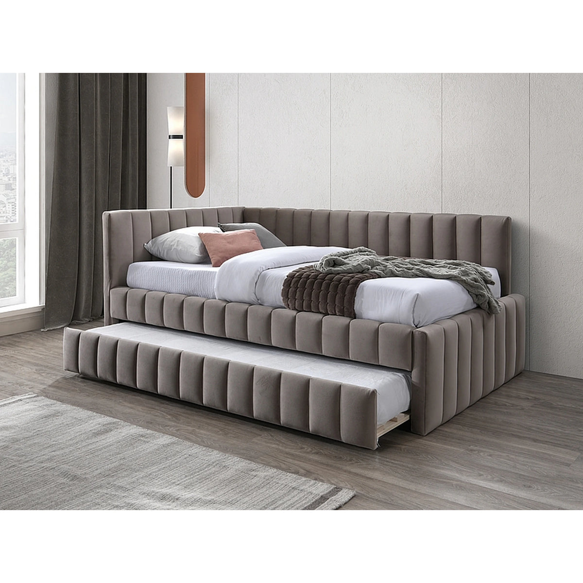 Divan 120 x 200 ALFIE, stofa catifelata bej - Bluvel 40, cu somiera si corp aditional