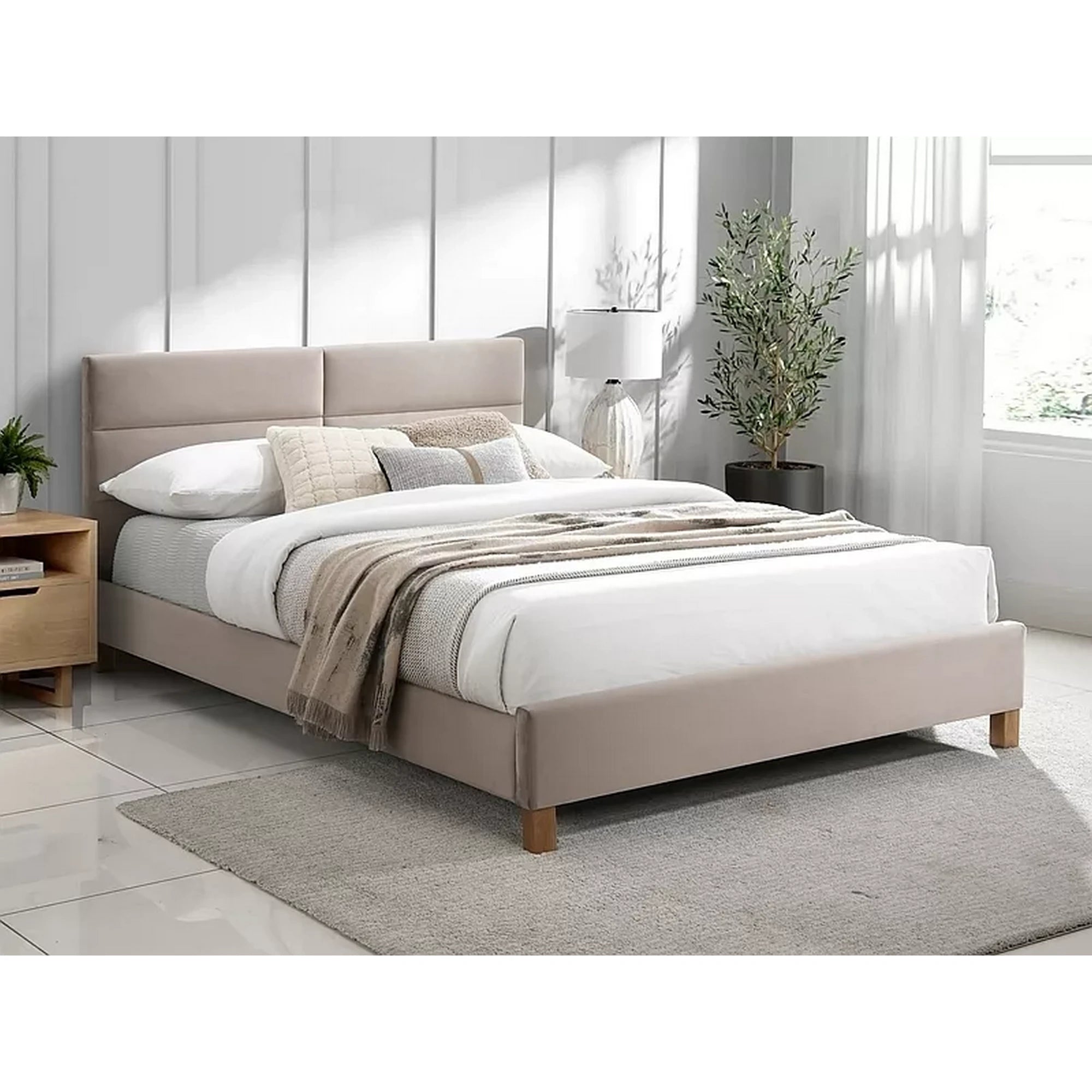 Pat tapitat lemn SIERRA 140x200, stofa catifelata, bej - Bluvel 28, somiera inclusa