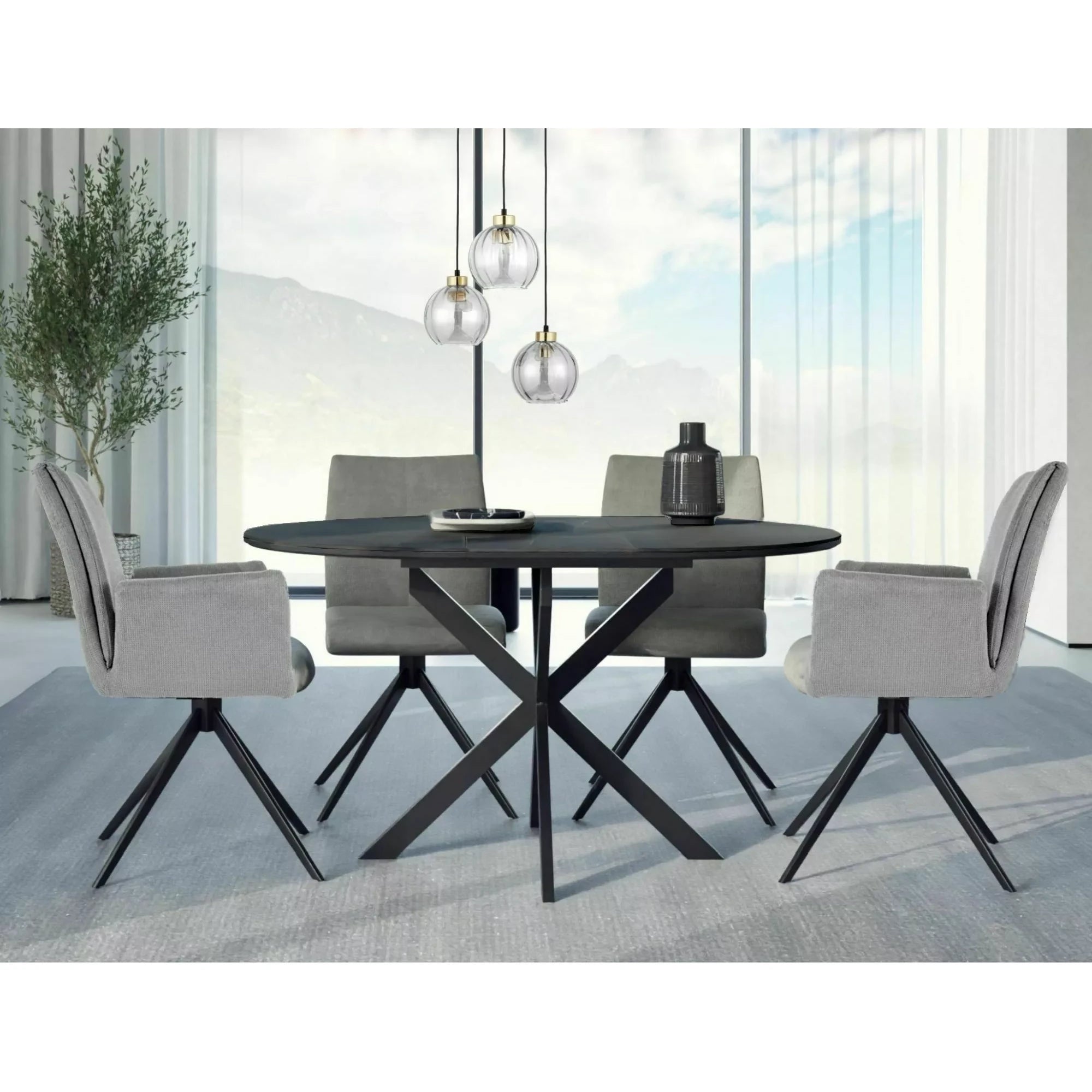Masa extensibila GASTON, negru mat cu efect de marmura, ceramica/metal, 100/135x100x76 cm