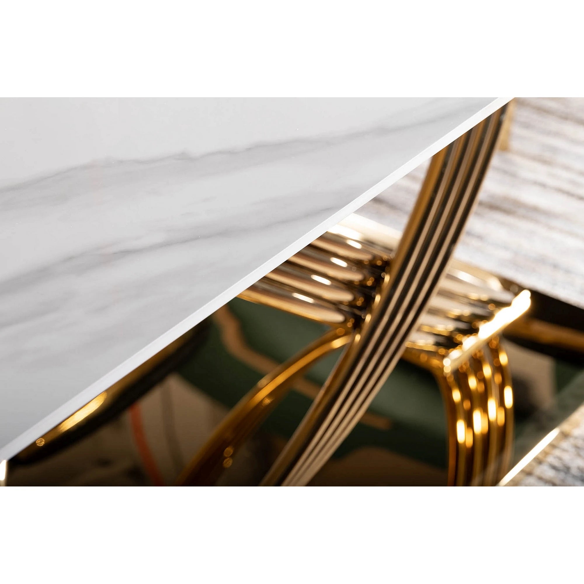 Masa dining 160 cm HERMES, alb cu efect de marmura/auriu, ceramica/metal, 160x90x75 cm