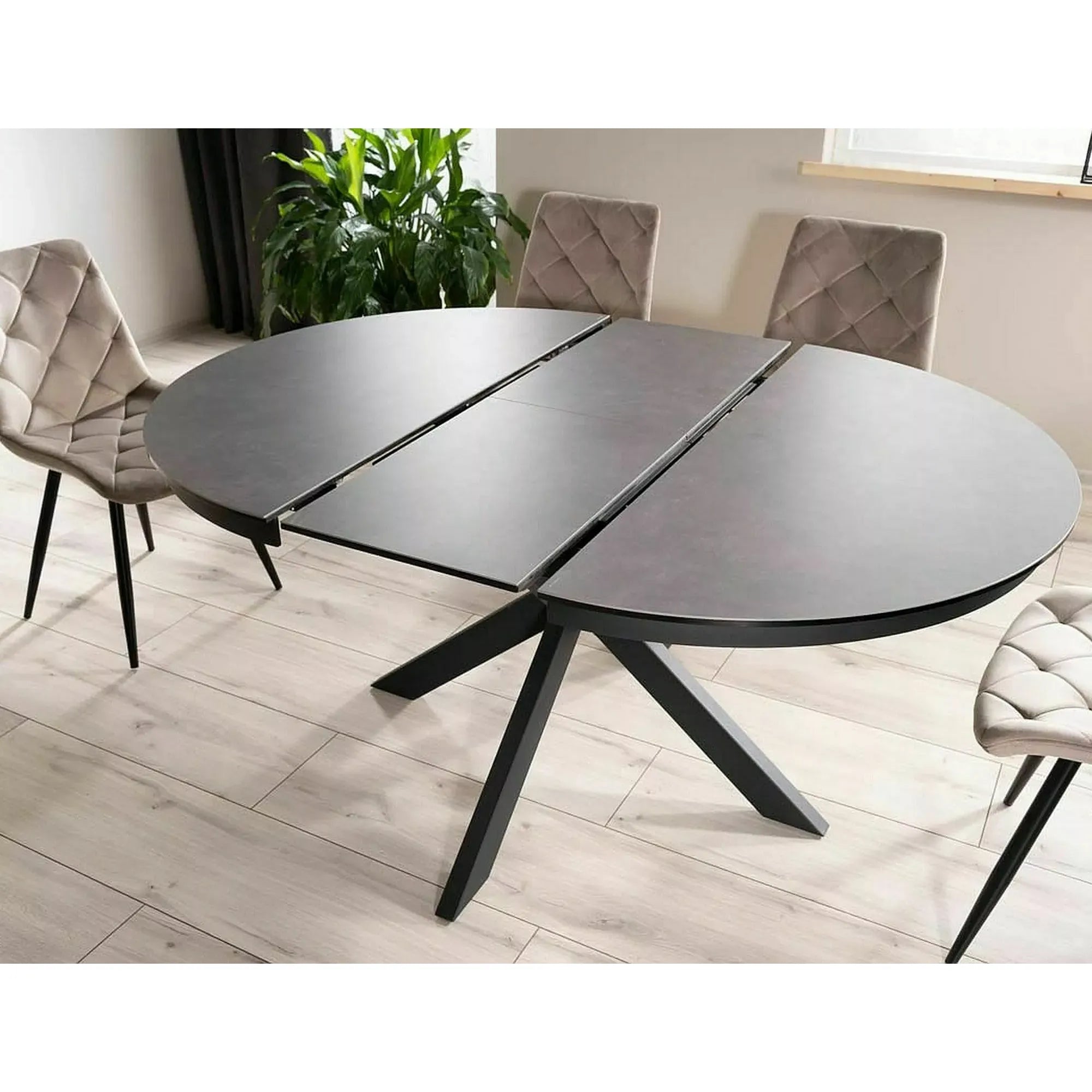 Masa rotunda extensibila 120 cm PORTO, gri inchis/negru mat, sticla securizata/metal