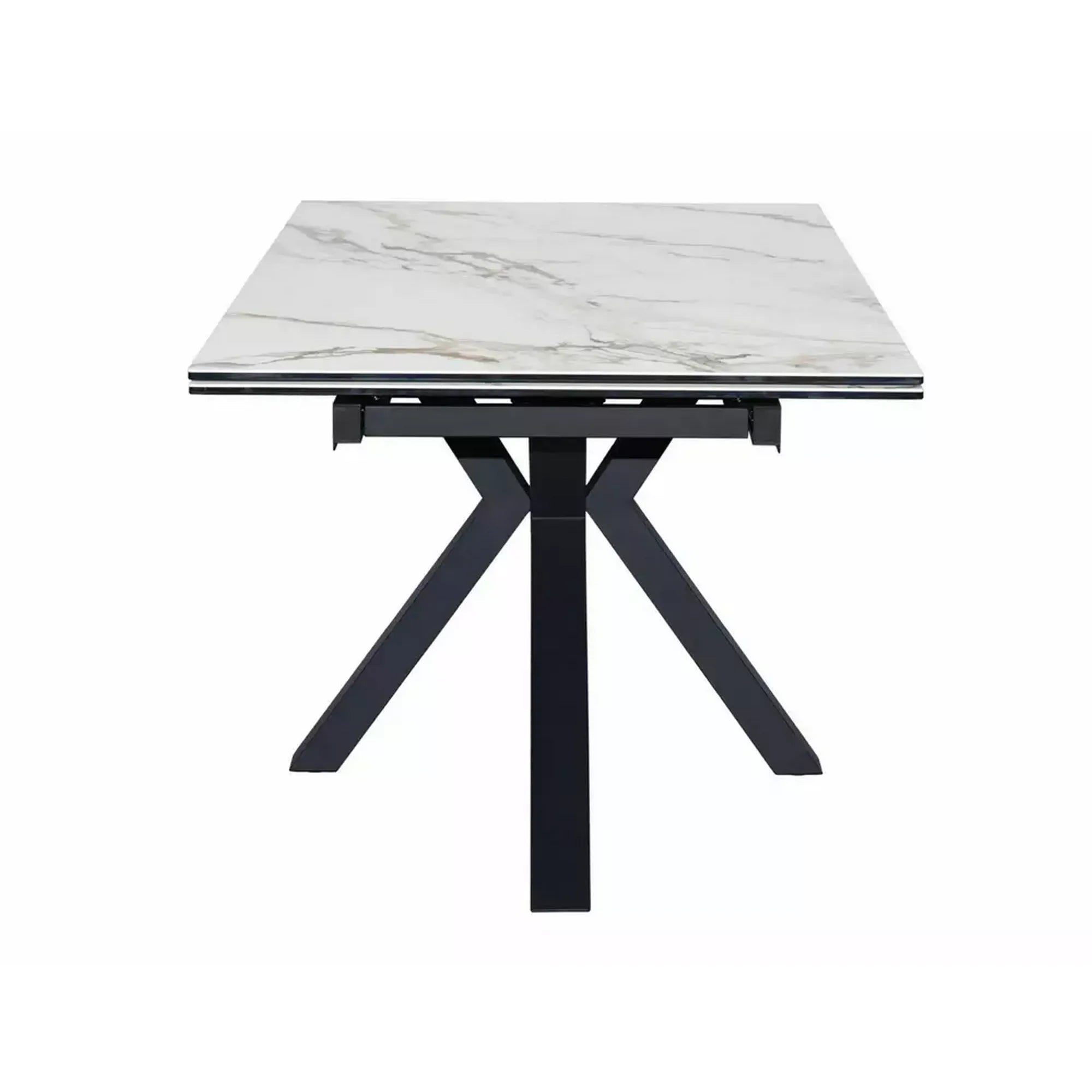 Masa extensibila sticla securizata COLUMBUS, alb cu efect de marmura/negru, sticla/ceramica/metal, 160/240x90x76 cm