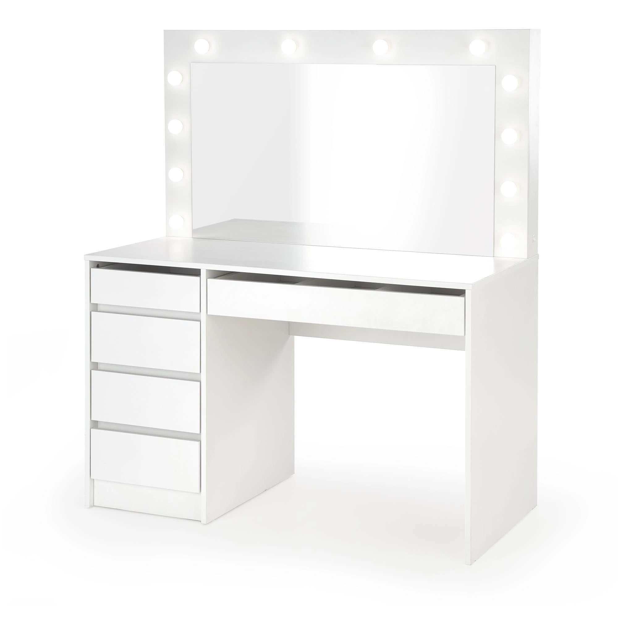 Masa de toaleta cu oglinda cu leduri HOLLYWOOD XL, alb, PAL furniruit, 120x55x140 cm