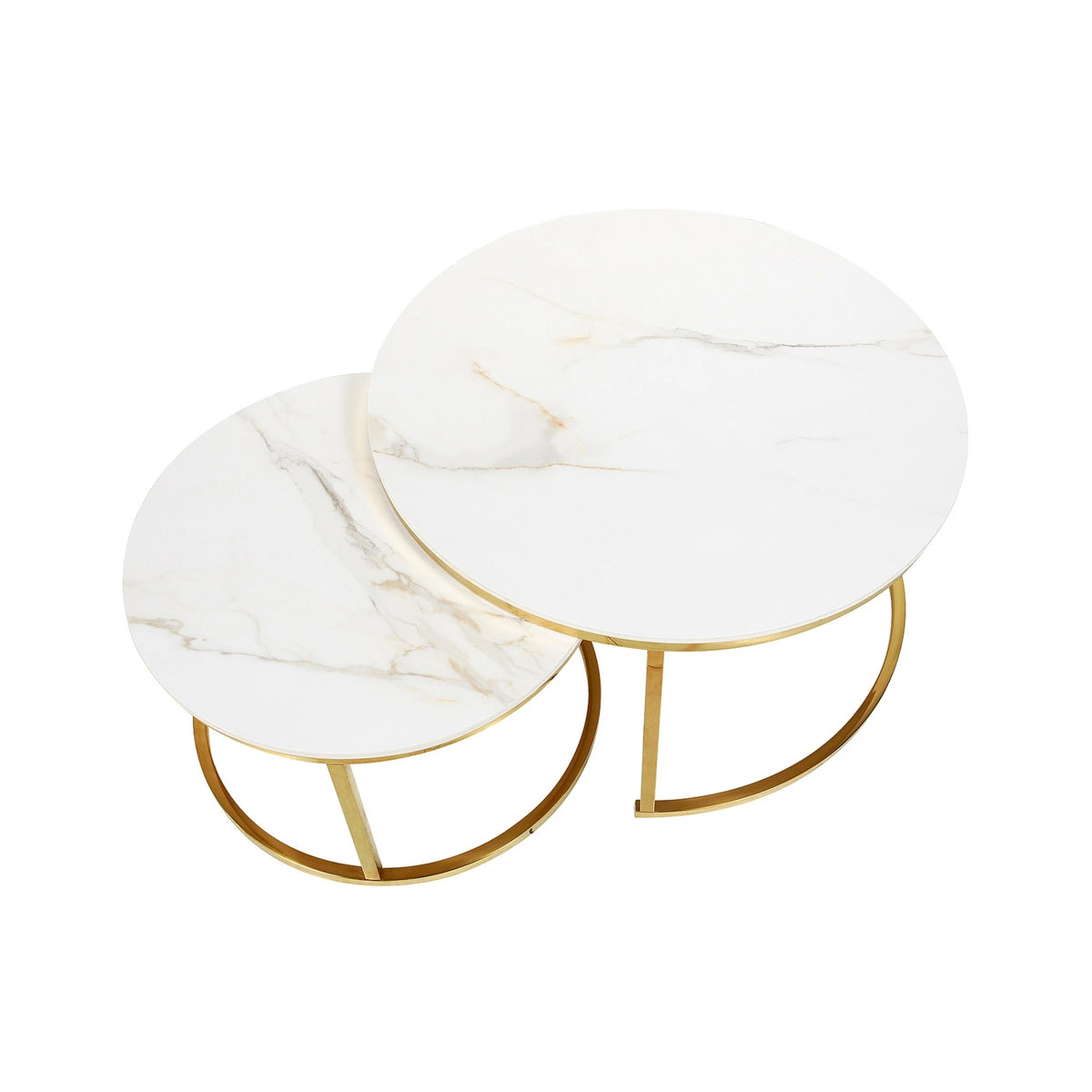 Set 2 masute cafea PORTAFINO A, alb cu efect de marmura/auriu, ceramica/metal, 80/60