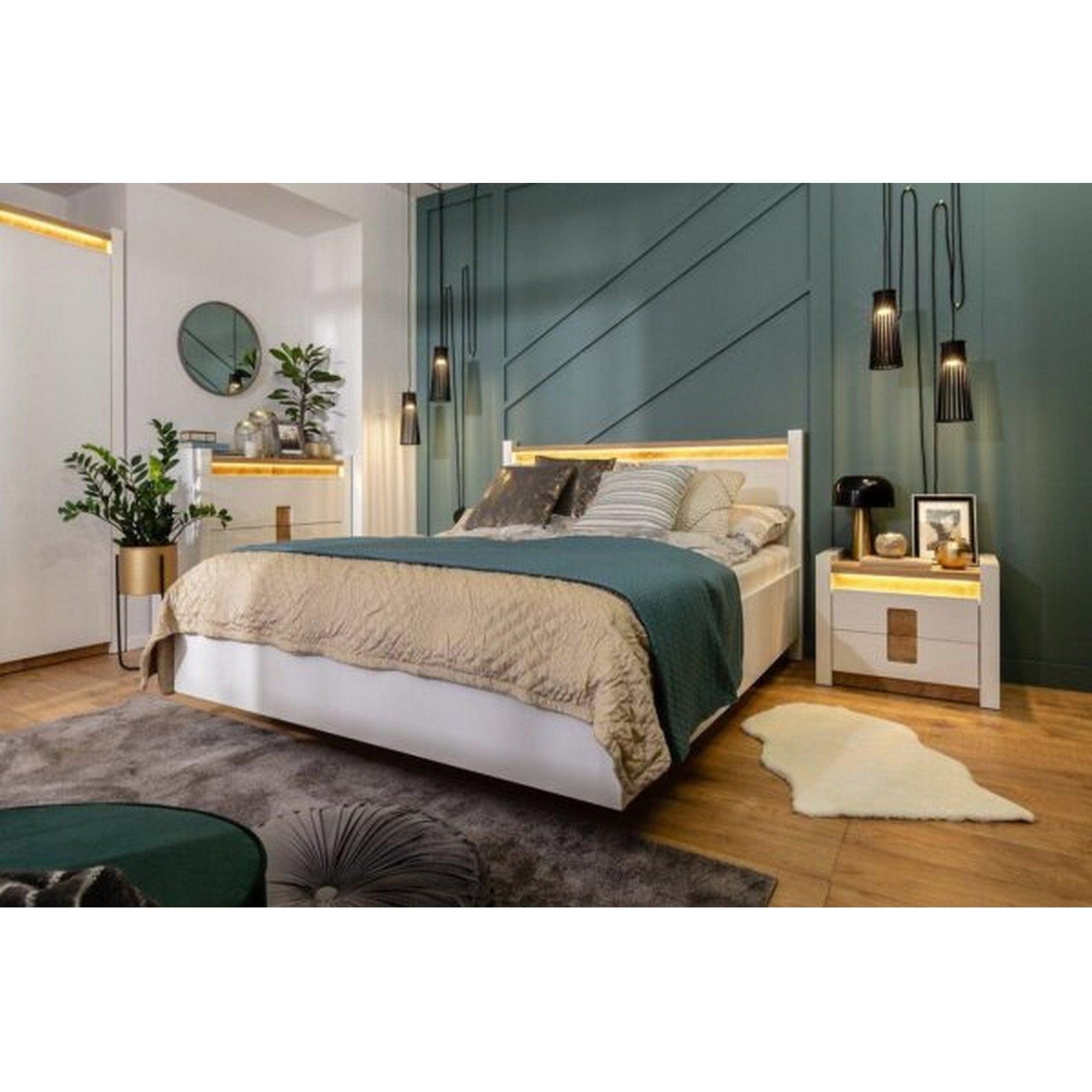 Cadru pat ALAMEDA 160x200, alb/stejar, PAL, cu iluminare LED