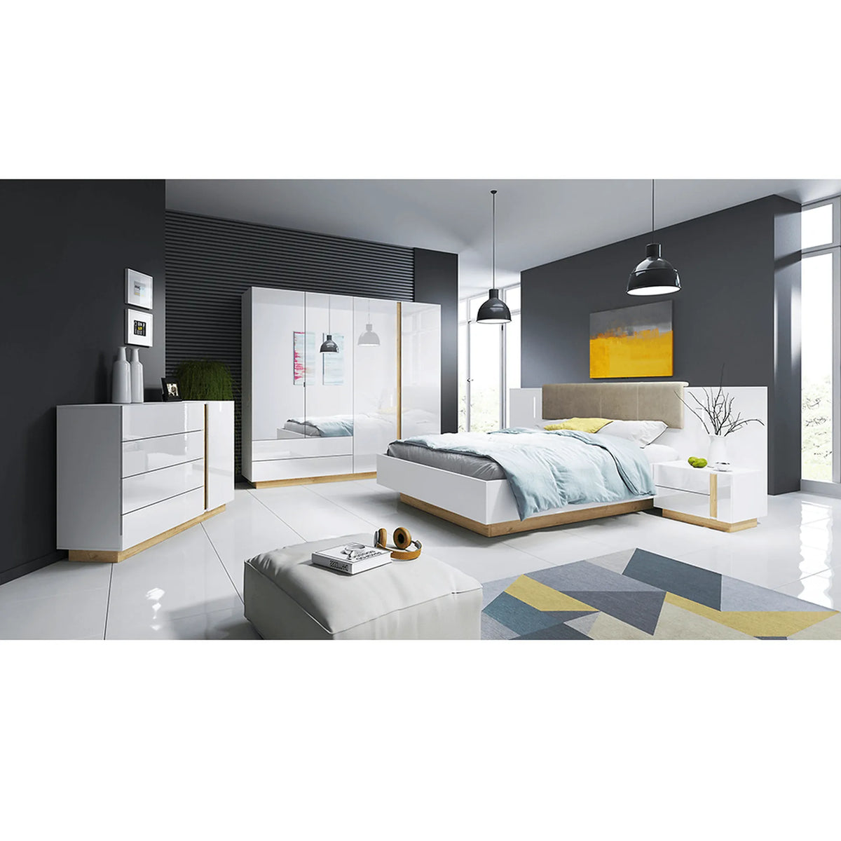 Cadru pat CITY 160x200, alb/stejar grandson, stofa/DTD/metal