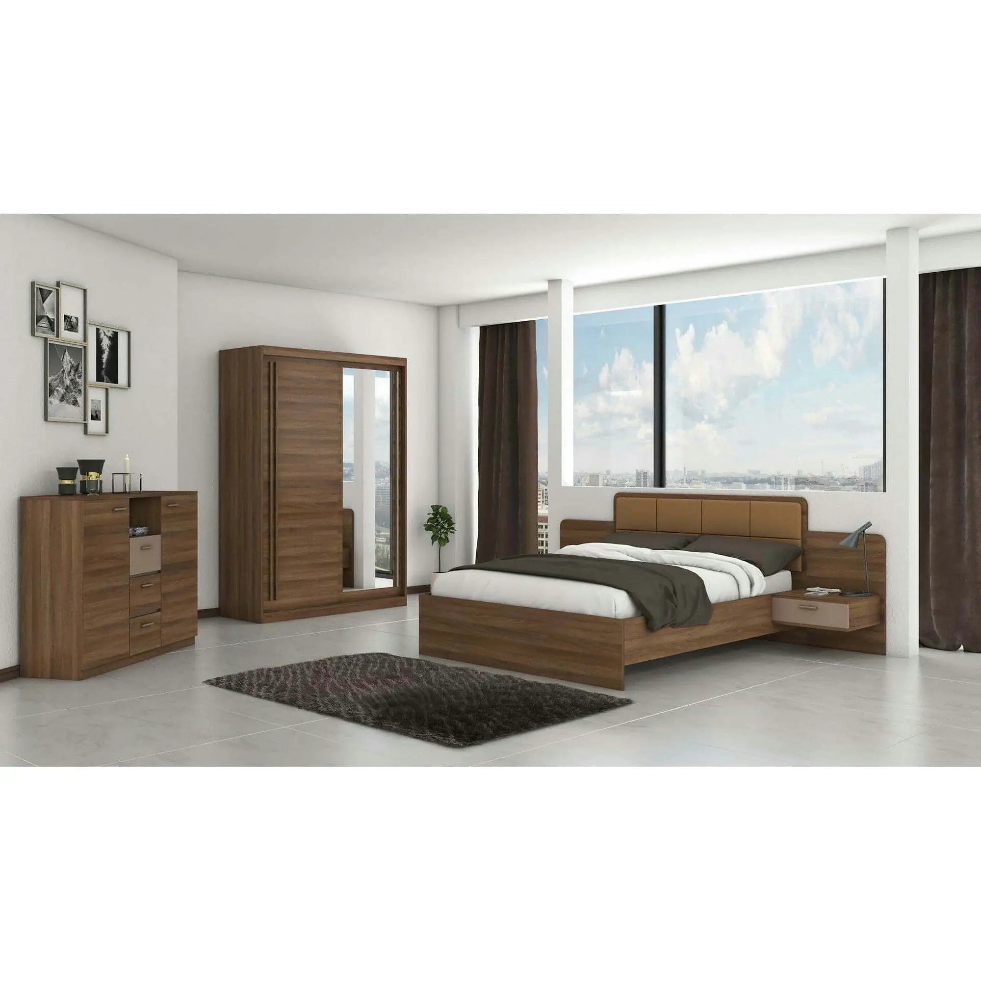 Cadru pat EFFECT 160x200, stejar columbia/gri, PAL/stofa, cu 2 noptiere