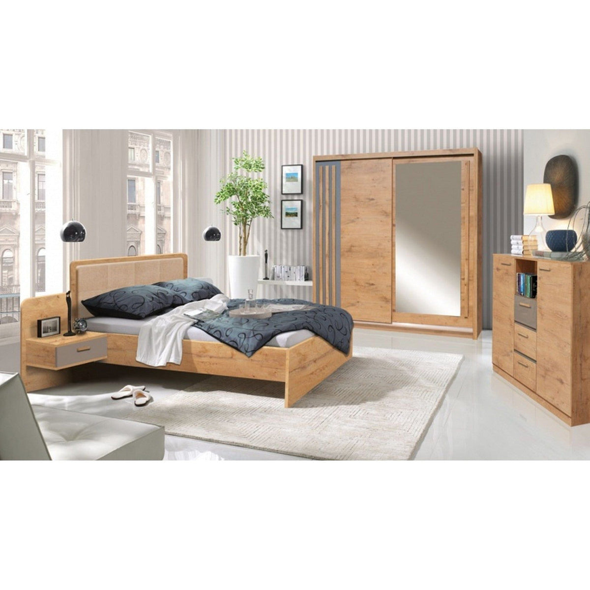 Cadru pat EFFECT 160x200, stejar lancelot/gri, PAL/stofa, cu 2 noptiere